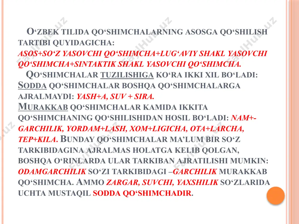 ir turkumdan boshqa turkumga so‘z ko‘chishi yordamida so‘z yasalishi (semantik usul) : sifat va fe’l otga, son ravishga o‘tadi: o‘g‘il bola (o‘g‘il –sifat) o‘gli keldi (otga o‘tgan). u soat birga (son) keldi. akasi bilan birga (ravish) keldi. o‘quv, yozuv, qurilish (fe’l otga o‘tgan). boshqa turkumga ko‘chgan so‘zning ma’nosi va gapdagi vazifasi ham o‘zgaradi. 5. so‘zlarni takrorlash yordamida so‘z yasalishi. bunda so‘zlar takrorlanib yangi so‘zlar yasaladi : paqpaq (o‘yin), bipbip (avtobus), xola-xola (o‘yin), yo‘l-yo‘l (rang) es-es (zo‘rg‘a). morfemik tahlil qiling: asalari, bog‘bon, ishchilarimizdan, kelibsan, yurganman, kishmish, bemaza, olib keldi, rahmdil, yaxshiroq, kitobxon, onaxonlar, uyimiz, yutuq, kamchilik, tepki, oltovlon, gultojixo‘roz, tinchlik, sermazmun, bodomqovoq, suvsira, qoloq, tuzsiz, qoloq, otalarcha, yaxshlik, qizcha, yuvdirdi, yasha, bilimdon, olmani, yozyapman, yozuv, xomligicha, madaniyat, terim, oshqozon, zargar, qadriyat, bolalik, o‘ynadi, elak, boyidik, ilmsiz, zulmkor, yigitchasiga, maktabimizning, yozaman, boraylik. e’tiboringiz uchun rahmat!!! /docprops/thumbnail.jpeg