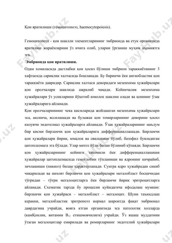 к халтаси томирларида иккиламчи эритроцитлар ривожлана бошлайди. уларнинг тараккиёти мегалоцитлар такомиллашишидан фарқ қилиб, секинроқ амалга ошади ва нормоцит босқичини ўтайди. бу жараён схематик тарзда қуйидагича ифодаланади: бирламчи қон ҳужайралари – иккиламчи эритробластлар – полихроматофил нормоцитлар – оксифил нормоцитлар – иккиламчи эритроцитлар. тараккиёт босқичидаги барча ҳужайралар иккиламчи эритробластлардан бошлаб то иккиламчи эритроцитларгача, мегалоцитларга нисбатан анча кичик бўлади яъни уларнинг катталиги етук организмлардаги эритроцитларнинг катталигига яқин келади. дастлабки эмбрионал даврида эритроцитлар тараккиётининг ўзига хос хусусияти шундан иборатки, бу процесс сариқлик халтаси томирларининг ичида, яъни интраваскуляр амалга ошади. шу билан бирга бу даврда донадор лейкоцитлар ҳам тараккий қилади – уларнинг такомили томирлардан ташқарида, экстраваскуляр жойлашган бирламчи қон ҳужайраларидан бошланади. шунинг билан эмбрионал тараккиётининг биринчи даври, яъни ангиобластик даври тугайди. эмбрионал тараккиётининг 4 – 5 хафтасига келиб сариқлик халтаси атрофияга учрайди ва унинг қон яратиш функцияси йуқолади. шу вақтдан бошлаб хусусий эмбрионал қон яратиш даври бошланади. эритроцитлар ва лейкоцитлар жигар, талоқ , тимус, суяк …