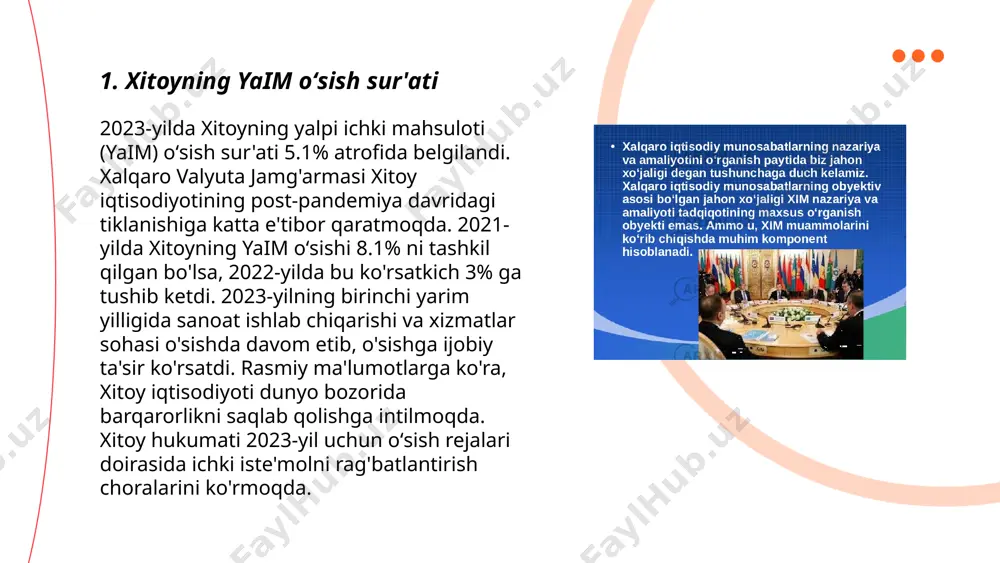 u qarzning katta qismi mahalliy hokimiyatlar va davlat korxonalariga to‘g‘ri keladi. xitoy hukumati ichki iqtisodiy o‘sishni rag‘batlantirish uchun qarzning oshishini qo‘llab-quvvatlamoqda. biroq, qarzning yuqori darajasi moliyaviy barqarorlik uchun xavf tug‘diradi va xalqaro tartibga soluvchilar tomonidan diqqat bilan kuzatilmoqda. xitoyning davlat qarzi bo‘yicha e'tiborni jalb qilishi, qisman, yetakchi loyihalarning moliyalashtirilishi va infratuzilmaviy rivojlanish bilan bog‘liq. ... t.me/slaydai_bot 7. xitoyning inflyatsiya darajasi 2023-yil holatiga ko‘ra, xitoyda inflyatsiya darajasi nisbatan past darajada bo‘lib, 2% atrofida saqlanmoqda. xitoy hukumati inflyatsiyani nazorat qilish va iqtisodiy barqarorlikni ta’minlash maqsadida bir qator moliyaviy va pul-kredit siyosatlarni joriy qilmoqda. 2023-yilning iyul oyida iste’mol narxlari indeksi (cpi) yillik ko‘rsatkichda o‘sish sur’ati 0,6% ga yetdi, bu esa so‘nggi oylarda iqtisodiy faollikning sekinlashishi fonida kuzatilmoqda. xitoy markaziy banki inflyatsiya darajasini past darajada ushlashni maqsad qilgan bo‘lib, 2023-yil uchun yillik maqsad 3% atrofida belgilangan. ... t.me/slaydai_bot xitoy dunyodagi eng yirik qishloq xo‘jaligi mahsulotlari ishlab chiqaruvchisi hisoblanadi. 2022-yilda xitoyning taraqqiyot va islohotlar bo'yicha …