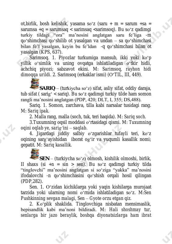 sinf). bu sоʻz arab tilida “xiliga, turiga qarab guruhladi” ma’nosini anglatuvchi “sannafa” fe’lidan hosil bоʻlib, arab tilida “tur”, “nav”,”guruh” ma’nolarini anglatadi (atg,142;ars,447). sinf – 1.kishilarning tarixan shakllangan ishlab chiqarish tizimida, ijtimoiy mehnatni tashkil etishda muayyan mavqe va оʻringa ega bоʻlgan, ishlab chiqarish vositalariga, ijtimoiy boylikning taqsimlanishiga bir xil daxldorligi va manfaatlarining umumiyligi jihatidan birlashgan katta guruhi; nisbatan barqaror bоʻlgan katta ijtimoiy qatlam. m:mulkdorlar sinfi (оʻtil,iii,516). sinf. 2. (arabcha so‘z) ot, turdosh ot, bosh kelishik, birlik, tub sоʻz (sinf(un)>sinf). bu sоʻz sinf i sоʻzi asosida yuzaga kelgan bоʻlib, “maktabda bir оʻquv yiliga teng pogʻona”, “maktabda mashgʻulot оʻtkaziladigan xona” kabi ma’nolarni anglatgan (оʻtil, iii,516). sifat – (arabcha so‘z) ot, turdosh ot, atama oti, aniq ot, tub sоʻz (sifat (un) > sifat). bu sоʻz kоʻp ma’noli vasafa fe’lining “aniqladi”, “tasvirladi” ma’nosi asosida hosil qilingan bоʻlib, arab tilida “belgi – xususiyat”, “belgi ma’nosini anglatuvchi sоʻzlar turkumi” ma’nolarini anglatadi (ars,891,uaya,568). sifat. 1. narsa, voqea-hodisa va …
