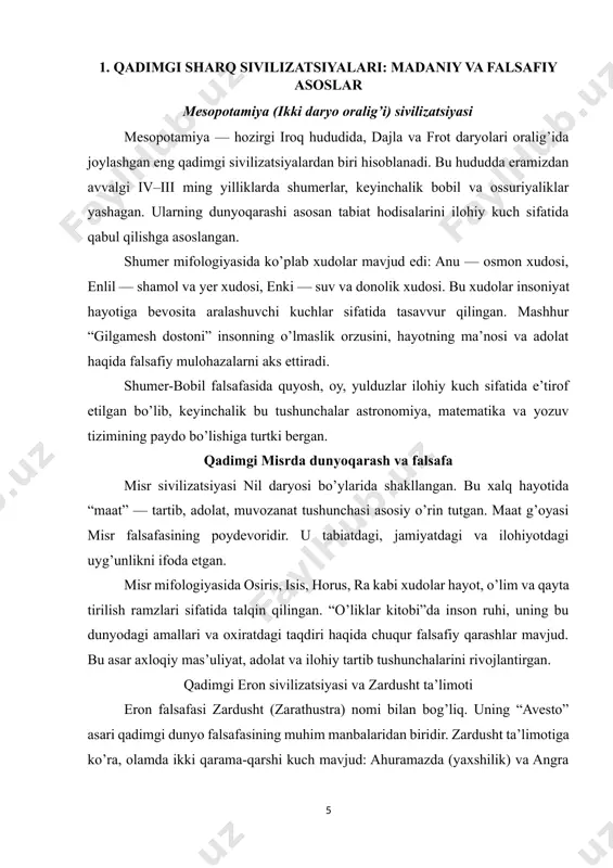 bilan uyg’unlikda yashash, “dao” — tabiat yo’li bilan harakat qilish g’oyasiga asoslangan. bu ta’limot keyinchalik sharq tafakkurining muvozanat va uyg’unlik haqidagi falsafasini shakllantirgan. qadimgi sharq falsafasining keyingi davrlarga ta’siri qadimgi sharq falsafasi keyinchalik yunon, islom va yevropa falsafasiga chuqur ta’sir ko’rsatgan. misol uchun, zardushtiylikdagi dualizm g’oyasi platon va aristotel asarlarida ham aks etgan. hind va xitoy falsafasi esa keyinchalik buddizm, sufiylik, hatto zamonaviy ekzistensializmda ham o’z aksini topgan. xulosa qadimgi sharq — insoniyat tafakkuri tarixining beshigidir. aynan shu hududlarda insonning borliqni, hayotni va o’z “men”ini anglashga bo’lgan dastlabki urinishlari yuzaga kelgan. asotiriy tasavvurlar orqali tabiat kuchlari tushuntirilgan, keyinchalik bu qarashlar diniy va falsafiy tizimlarga aylangan. mesopotamiya, misr, eron, hindiston va xitoy sivilizatsiyalarining falsafiy merosi insoniyat tafakkurining asosini tashkil etadi. ularning g’oyalari — adolat, yaxshilik, axloq, muvozanat, ruhiy poklanish kabi tushunchalar — bugungi kunda ham o’z ahamiyatini yo’qotmagan. demak, qadimgi sharq falsafasi nafaqat tarixiy meros, balki insoniyat madaniy rivojining uzluksiz zanjiri …