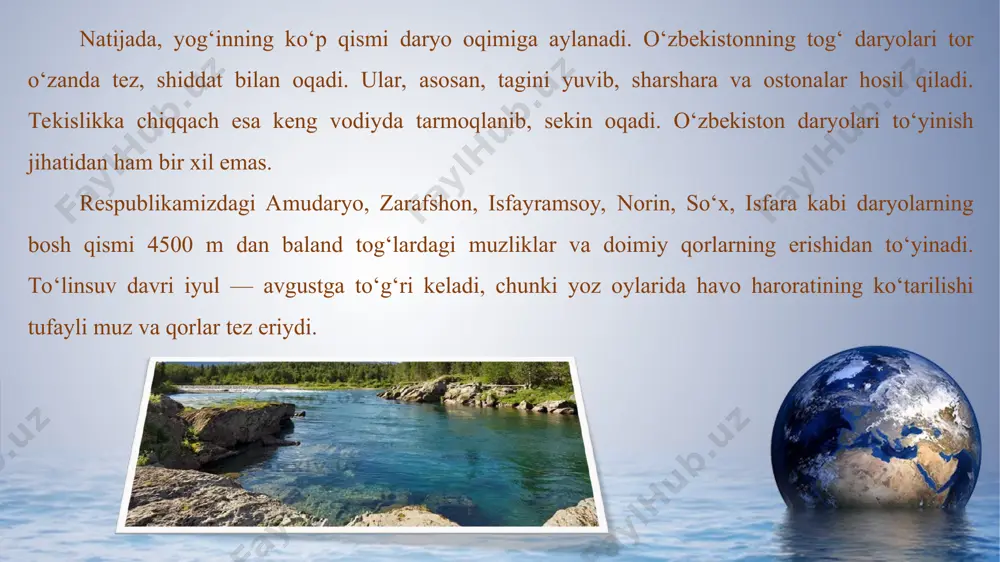 o‘rtacha ko‘p yillik suv sarfi varganza qishlog‘i yonida sekundiga 5,46 m3 ni tashkil etadi. qashqadaryo havzasida (barcha irmoqlarini hisobga olganda) yiliga o‘rtacha sekundiga 51,5 m3 oqim vujudga kelib, shuning 58,3 foizi mart — iyun oylariga to‘g‘ri keladi. find more powerpoint templates on prezentr.com! surxondaryo — hisor tog‘ tizmasi g‘arbiy qismining janubiy yonbag‘ridan boshlanuvchi to‘polondaryo bilan qoratog‘daryoning qo‘shilishidan vujudga keladi. so‘ng 196 km masofada oqib amudaryoga kelib quyiladi. surxondaryo, asosan, qor va muz suvlaridan to‘yinadi. shu sababli to‘lin suv davri mart — iyun oylariga to‘g‘ri keladi. bu davrda yillik daryo suvining 65,2 foizi oqib o‘tadi. eng kam suv sarfi sentabr — oktabr oylariga to‘g‘ri keladi. surxondaryoning o‘rtacha ko‘p yillik suv sarfi (qorovultepa qishlog‘i yonida) sekundiga 70,2 m3 ni tashkil etadi. surxondaryo loyqa daryolardan bo‘lib, morguzar qishlog‘i yonida har m3 suvida 2,9 kg loyqa bor. find more powerpoint templates on prezentr.com! ohangaron daryosi chatqol va qurama tog‘laridan suv to‘plovchi soylarning qo‘shilishidan vujudga …