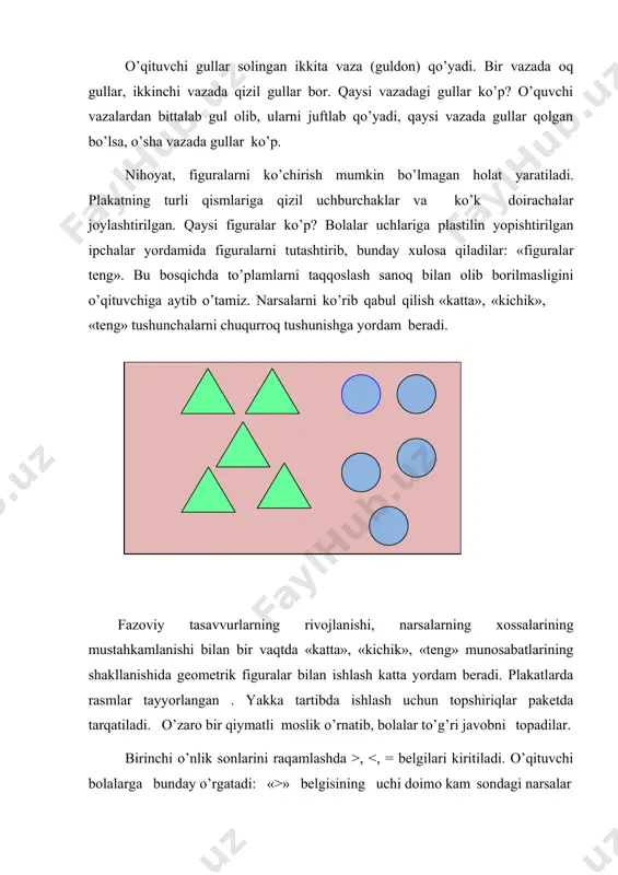 zaro bir qiymatli moslik o’rnatib, bolalar to’g’ri javobni topadilar. birinchi o’nlik sonlarini raqamlashda >, » belgisining uchi doimo kam sondagi narsalar tomonga qarab turadi. narsalarni sanashni o’rganilayotganda bir vaqtda sonlarni taqqoslash ishi ham bajariladi (beshta doiracha to’rtta uchburchakdan ko’p, demak, 5 > 4). natural sonlar qatorining hosil bo’lishini o’rganish vaqtida bunday qonuniyat aniqlanadi: natural qatorda son qancha uzoqda tursa, u shuncha katta bo’ladi. keyinchalik sonlarni taqqoslashda bolalar shu xossaga tayanadilar. 5 8, chunki sanoqda 9 soni 8 sonidan keyin aytiladi. munosabatlarni «>», « 7, 4 > 3, 8 3, 0 > 4. 4. 7 785, chunki 8 yuzlik 7 yuzlikdan katta. miqdorlarni taqqoslash avval narsalarning o’zlarini berilgan xossasi bo’yicha taqqoslashga tayanib bajariladi, keyin esa miqdorlarning son qiymatlarini taqqoslash asosida amalga oshiriladi, buning uchun berilgan miqdorlar bir xil o’lchovlarda ifodalab olinadi. miqdorlarni taqqoslash o’quvchilarda qiyinchilik tug’diradi, shuning uchun ii – iv sinflarda rang – barang mashqlarni muntazam taklif qilish kerak: 1. …