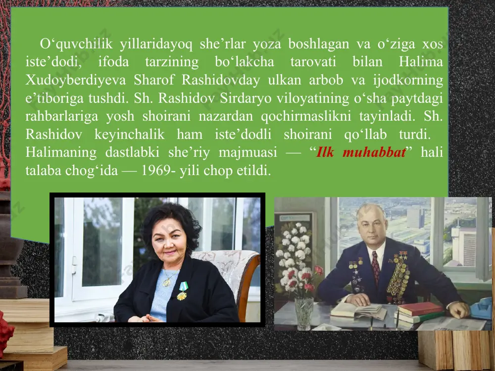 g‘aflat bandalari yoqa tutsinlar. shunchaki yig‘lash ham yarashmas bizga, uni eplar faqat yuragi toshlar. shunday yig‘lay, hojat qolmasin sizga, qurg‘oq ko‘zlardan ham quyilsin yoshlar. shunchaki yozmoqqa ko‘ngil to‘lmaydi, shunchaki yozmoqqa bormaydi qo‘lim. shunchaki yozganga chidab bo‘lmaydi, shunchaki yozmoq bu – shoirga o‘lim. savol va topshiriqlar: she’rning birinchi bandi ilk bayti ma’nosini chaqishga urining. “mening shunchaki kuylagim kelmas, ovoz pardalarim chidab bersa bas” misralari mazmunini izohlang. ikkinchi banddan kelib chiqadigan qarama-qarshi ma’noga e’tibor qiling: “suymoq” va “ozor bermoq”qa munosabat bildiring va shoira ko‘zda tutayotgan ruhiy holatni izohlang. 4. “shunchaki sevilmoq — baxti qoralik, to‘la tole uchun bukemtik, bu kam. mening qalbim shunday sevgiga molik, bir charsillab yonay, so‘ngra so‘nsam ham” tarzidagi iqror shoira shaxsiyatiga xos qanday jihatlarni ko‘rsatadi? 5. “tarjima qilib yoz sim sadolarin” shaklidagi da’vat mazmunini izohlang. 6. shoiraning chinakam kulish va astoydil yig‘lash borasidagi talablari haqida fikr yuriting. image2.jpeg image3.png image4.jpeg image5.png image6.png image7.png image8.png image9.png image10.jpeg image11.png image12.jpeg …