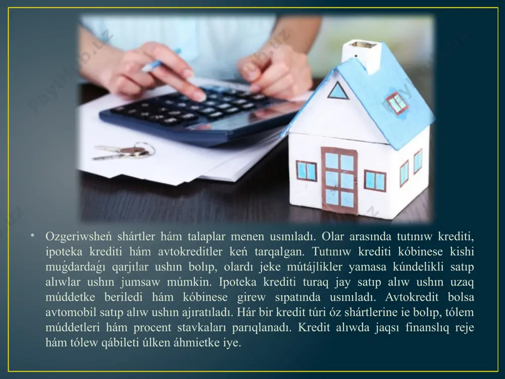 ı hám tólew qábileti esapqa alınadı. tutınıw krediti kóbinese az muǵdardaǵı qarjılar ushın bolıp, olar tiykarınan jeke satıp alıwlar yamasa kúndelikli zárúrlikler ushın paydalanıladı. ipoteka krediti bolsa turaq jay satıp alıw yamasa qurıw ushın uzaq múddetke ajıratıladı hám kóbinese girew sıpatında kóshpes múlk talap etiledi. avtokreditler bolsa transport quralların satıp alıw ushın beriledi, bul kreditte avtomobil girew sıpatında qollanıladı. hár bir kredit túrinde procent stavkalari, múddetleri hám tólew shártleri pariqlanadi. kredit alıwda shaxstıń finanslıq jaǵdayı, kredit tariyxın tekseriw hám tólew qábileti úlken áhmietke iye. paydalanilǵan ádebiyatlar. 1.ўзбекистон республикасининг конституцияси. — т.: ўзбекистон, 2008. 2. ўзбекистон республикасининг «сугурта фаолияти тўғрисида»ги қонуни.//халк сўзи, 28.05.2002 й. 3. ўзбекистон республикаси п резидентининг 2011 йил 31 майдаги «сугуртачиларнинг молиявий баркарорлигини янада ошириш­ га оид қўш имча чора-тадбирлар тўғрисида»ги пқ-1544-сонли қарорига илова. 4. ўзбекистон республикасининг «транспорт воситалари эгала­ рининг фукаролик жавобгарлигини мажбурий сугурта килиш тўғрисида»ги қонуни. ўзбекистон республикасининг қонун хуж ж атлари тўплам и. — т.: …