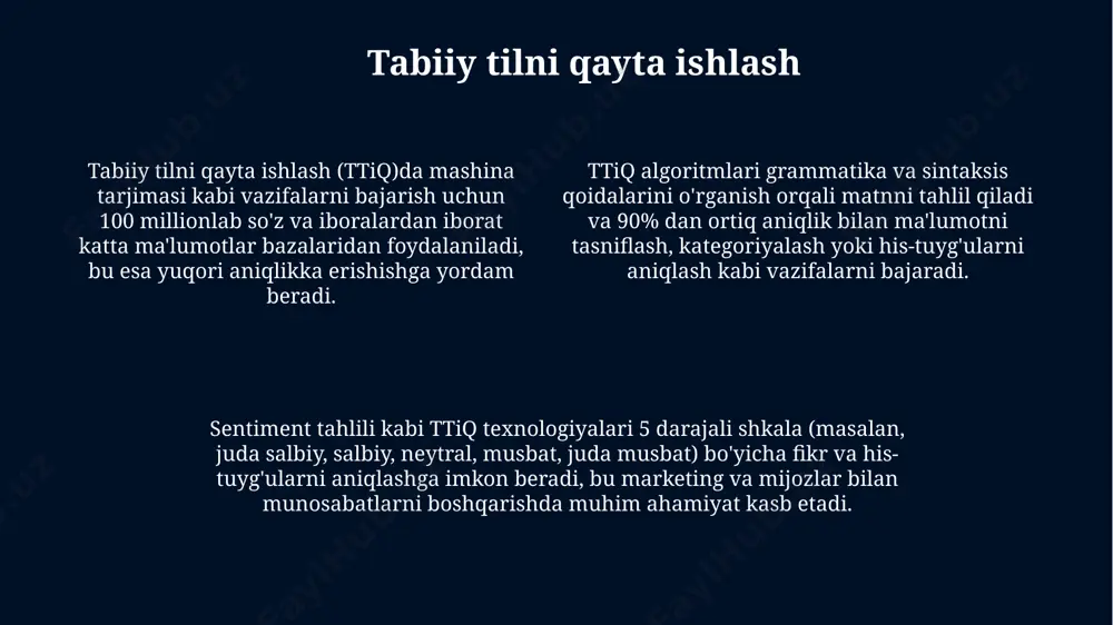 – bu mashina o'rganishi, chuqur o'rganish va tabiiy tilni qayta ishlash kabi algoritmlar yordamida murakkab vazifalarni bajarishga qodir bo'lgan kompyuter tizimlarini yaratishga qaratilgan soha bo'lib, taxminan 60 yildan ortiq vaqt davomida rivojlanib kelmoqda. sun'iy intellekt tizimlari katta hajmdagi ma'lumotlarni tahlil qilish, naqshlarni aniqlash va mustaqil qarorlar qabul qilish kabi imkoniyatlarga ega bo'lib, bu texnologiya 3 dan ortiq asosiy yo'nalishda qo'llaniladi. sun'iy intellektning rivojlanishi natijasida, avtomatlashtirish darajasi 20% dan yuqori bo'lgan sohalarda ish unumdorligi sezilarli darajada oshib, inson resurslariga bo'lgan ehtiyojni kamaytirishga yordam beradi. mashinani o'rgatish turlari mustahkamlovchi o'rgatish (reinforcement learning) usuli, agentning atrof-muhit bilan o'zaro ta'siri orqali, masalan, 1000 ta o'yin davomida o'yin natijalariga asoslanib mukofot va jazolar sistemasidan foydalangan holda, optimal strategiyani o'rganadi. mashina o'rgatishning kuzatuvli o'rgatish (supervised learning) turi, 1000 dan ortiq ma'lumotlar to'plami yordamida modelni aniq natijalarni bashorat qilishga o'rgatishni o'z ichiga oladi, bunda har bir ma'lumot to'plami tegishli yorliqlarga ega. mustaqil o'rgatish (unsupervised learning) algoritmlari, masalan, …