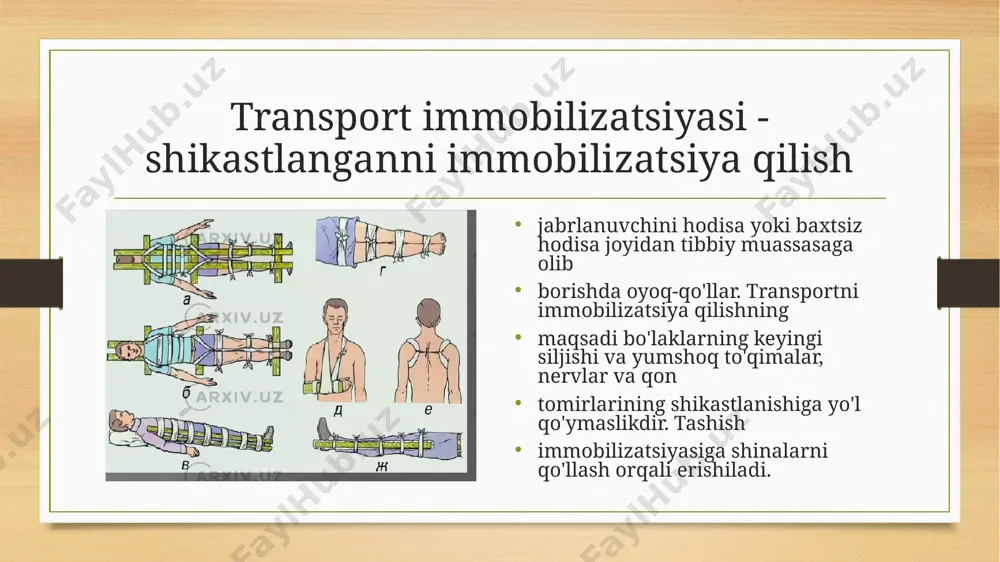 oblanadi. ushbu shinalar ma'lum afzalliklarga ega: shishirilganda, ular avtomatik ravishda oyoq-qo'l bo'ylab deyarli mukammal modellashtiriladi, to'qimalarga bosim teng ravishda sodir bo'ladi, bu esa yotoqxonalarni yo'q qiladi. shinaning o'zi shaffof bo'lishi mumkin, bu sizga bandaj va oyoq-qo'lning holatini kuzatish imkonini beradi. uning afzalliklari, ayniqsa, uzoq muddatli siqilish sindromida, oyoq-qo'lni immobilizatsiya bilan mahkam bog'lash zarur bo'lganda sezilarli bo'ladi. biroq, pnevmatik shina yordamida son va elkaning shikastlanishlarini immobilizatsiya qilish mumkin emas, chunki bu shinalar son va elka bo'g'imlarini tuzatish uchun mo'ljallanmagan. splintlarni qo'llash qoidalari 1. shinani iloji boricha tezroq qo'llash kerak, chunki shish paydo bo'lganligi sababli, biroz vaqt o'tgach buni qilish juda qiyin bo'ladi . shinani qo'llashdan oldin, yuqorida aytib o'tilganidek, og'riqni samarali bartaraf etishni ta'minlash kerak. har ikki tomonning shikastlangan a'zosini shinaga soling, singan joyning yuqorisida va ostida joylashgan bo'g'inlarni harakatdan "o'chiring". splinting paytida son suyagi, pastki oyoq-qo'lning har ikki tomoniga nayza qo'llaniladi: qo'ltiqdan oyoqqa - tashqaridan va chanoq hududidan oyoqqa ichkaridan, …