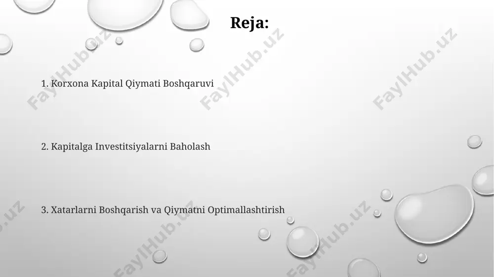 ўлиб, бу мамлакат иқтисодиётининг ривожланишига сезиларли ҳисса қўшади. muvofiqlik va raqobatbardoshlikni ta'minlash 2022-yilda o'zbekistonning yalpi ichki mahsuloti (yaim) o'sishiga 5% hissa qo'shgan korxonalar soni raqobatbardoshlikni oshirish dasturlaridan foydalanish bilan bevosita bog'liq. toshkent shahridagi 100 ta yirik korxonaning 70% muvofiqlik standartlariga rioya qilish orqali xarajatlarni 15% ga kamaytirganini ko'rsatdi. samarqand viloyatida joylashgan 5 ta ishlab chiqarish korxonasi iso 9001 sertifikatiga ega bo'lib, bozor ulushini 20% ga oshirdi va eksport hajmini 3 barobar ko'paytirdi. portfelni boshqarish va optimallashtirish портфельни бошқаришда диверсификация 20% дан кам бўлмаган миқдорда турли соҳалардаги активларни, масалан, технология (15%), кўчмас мулк (5%), ва энергия (10%) секторларини ўз ичига олишни тақозо этади. портфельни оптимизациялаш жараёнида, масалан, 50 та активдан иборат портфельни sharpe коэффициенти ва markowitz моделидан фойдаланиб 15 тагача энг самарали активларгача қисқартириш мумкин. 2023 йилдаги тадқиқотлар кўрсатишича, оптималлаштирилган портфельлар ўртача 7% дан юқори йиллик фойда келтирмоқда, бу эса тошкент фонд биржасидаги ўртача кўрсаткичлардан юқоридир. moliyaviy daromadlarni maksimallashtirish андижон шаҳридаги …