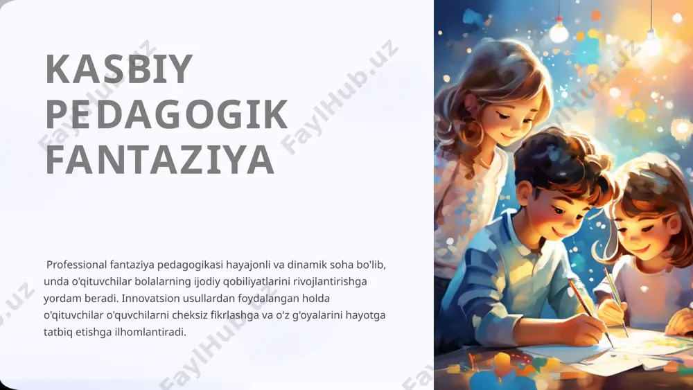 rish. rolevie igri yanal fikrlashni mashq qilish uchun turli rollarni olish. mozgovoy shturm ijodkorlikni rivojlantirish uchun hukmsiz muhitda g'oyalarni yaratish. vizualizatsiya tasavvurni rag'batlantirish uchun vizual mashqlar. 6 fantaziyaning ta'lim jarayoniga integratsiyalashuvi 1 rejalashtirish o'quv rejalari va dasturlariga ijodiy elementlarni kiritish. 2 amalga oshirish kundalik amaliyotda tasavvurni rag'batlantirish usullarini qo'llash. 3 baho fantaziya integratsiyasi samaradorligini tahlil qilish va tuzatishlar kiritish. 7 o'qituvchining fantaziya olamiga yo'l ko'rsatuvchi roli ustoz o‘qituvchi o‘quvchilarni ijodiy izlanishlariga ilhomlantiradi va yo‘naltiradi. fasilitator (fasilitator) o'qituvchi tasavvurni rivojlantirish uchun qulay sharoit yaratadi. boshlovchi o'qituvchi ijod olovini yoqadi va o'quvchilarga o'z imkoniyatlarini ro'yobga chiqarishga yordam beradi. 8 xulosa va istiqbol asosiy ko'nikmalar ijodkorlik, moslashuvchan fikrlash, muammolarni hal qilish, hamkorlik istiqbollar fantaziya pedagogikasi innovatsion ta'lim uchun yangi imkoniyatlar ochadigan o'sib borayotgan sohadir. qiyinchiliklar ijodiy yondashuvlarni an’anaviy ta’lim tizimlariga integratsiyalash, malakali pedagog kadrlar tayyorlash 9 image1.png image2.png image3.png image4.png image5.png image6.png image7.png image8.png image9.png image10.png image11.png image12.png image13.png