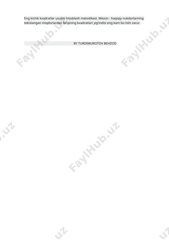 un foydalaniladi. 3. umumiy dinamik model. obyektlar majmui iqtisodiy ko'rsatkichlar nazariyasining umumiy dinamik modellari ixtiyoriy o'zgaruvchan iqtisodiy ko'rsatkichlarga ishlab chiqarish omillarining ta’sirini baholaydi. mazkur modellardan o'rganilayotgan obyektlar guruhini tahlil va prognoz qilish hamda qarorlar qabul qilishda foydalaniladi. iqtisodiy jarayonlar tarkibmi ekonometrik modellashtirishda quyidagilarga e’tibor berish kerak: a) tuzilmani baholash va ularning qismlarini o'zaro taqqoslash; b) bir xil turdagi turli tuzilmalami taqqoslash; c) amaldagi tarkibni normallashtirilgan tuzilma bilan taqqoslash va chetlanish sabablarini aniqlash; d) mazkur tuzilmaning eng muvofiq ekanligini baholash; e) makon va vaqtning konkret sharoiti uchun eng qulay tuzilmani loyihalash. eng kichik kvadratlar usulini hisoblash metodikasi. mezon - haqiqiy nukdorlarning tekislangan miqdorlardan farqining kvadratlari yig’indisi eng kam bo lishi zarur. by turdimurotov behzod