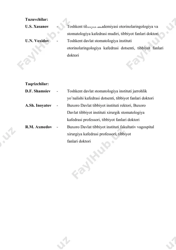 ............ 84 nutqli audiometriya .......................................................................................... 86 bolalarda audiometriya tekshiruvi .................................................................... 89 akustik impendansometriya ............................................................................. 90 eshituv nayining havo almashinuv faoliyatini tekshirish................................. 98 chaqirilgan eshituv potentsiallarini qayd etish ................................................ 101 otoakustik emissiyani qayd qilish ................................................................... 110 turli eshituv buzilishlarining audiologik semiotikasi...................................... 116 muvozanat a`zosi faoliyatini tekshirish ............................... 122 spontan muvozanat reaktsiyalarini tekshirish ................................................. 122 ko’zlar bilan bir maromda kuzatish sinamasi ................................................ 127 sakkad sinamasi .............................................................................................. 130 optokinetik sinama .......................................................................................... 132 gavda holatini o’zgartirish sinamasi ............................................................... 134 harorat sinamasi ............................................................................................... 135 aylantirish sinamasi ......................................................................................... 138 chaqirilgan muvozanat miogen potentsiallar .................................................. 140 stabilometriya .................................................................................................. 141 tibbiy asboblar yordamida tekshirish usullari ................. 147 mikrootoskopiya va endootoskopiya ................................................................ 147 rentgenografiya .....................