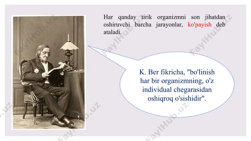 iyaga uchragan joyning qayta qurilishi tufayli tiklanishidir. masalan, gidra yoki planariya gavdasining bir qismi qayta qurilib, butun organizmi tiklanadi. 1. regeneratsion gipertrofiya - shikastlangan yoki patologik jihatdan o'zgargan toq organlaming morfofunksional jihatdan qayta qurilishidir. bunda organning oldingi holati tiklanmaydi, ammo hajmi va massasi ortadi. 2. kompensator gipertrofiya - juft organlardan (buyrak, urug'don) birini olib tashlangandan keyin, ikkinchisining morfofunksional qayta qurilishidir. ichki va tashqi organlar regeneratsiyasi partenogenez lotincha partenos - qiz holida, genezis - tug'ish, tug'ilish degan ma'noni bildiradi. 1762 yilda shveysariyalik tabiatshunos sh. bonne shiralarda (o'simlik bitlarida) kuzatgan. ginogenez - partenogenezning bir turi bo'lib, urug'lanish oxiriga yetmashgi tufayli sodir bo'ladi. bunda urug'lanish agent vazifasini bajaradi, cikak pronukleus urug'lanishda qatnashmaydi, faqat tuxum hujayrani taraqqiy etishi uchun, faollashtiradi. androgenez - bunda tuxum hujayra faqat spermatozoid yadrosi bilan taraqqiy etadi, tuxum yadrosi taraqqiyotda qatnashmaydi. tabiiy androgenez tamakida, makkajo'xorida, ba'zan tut ipakqurtidauchraydi. jinsiy ko'payish 1968 yilda angliyada birinchi marta birmingem shahrida 6 nafar egizak …