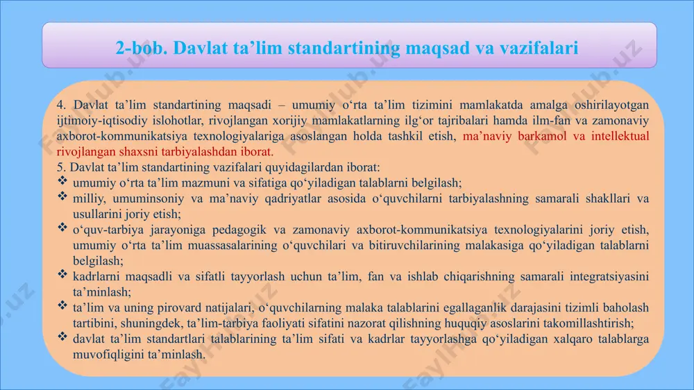 . davlat ta’lim standarti talablariga rioya qilish ustidan nazoratni amalga oshirishning maqsadi - davlat ta’lim standarti talablarini bajarish darajasini aniqlash, zarur chora-tadbirlarni amalga oshirish asosida ta’lim sifatini ta’minlashdan iborat. 19. davlat ta’lim standarti talablariga rioya qilish ustidan nazorat o‘zbekiston respublikasi xalq ta’limi vazirligi tomonidan quyidagi ko‘rinishlarda amalga oshiriladi: davlat ta’lim standarti talablari asosida barcha umumiy o‘rta ta’lim muassasalarida o‘quvchilar egallashi lozim bo‘lgan malaka talablariga baho berish; tayanch o‘quv reja va o‘quv dasturlarining bajarilishini tahlil qilish; umumiy o‘rta ta’lim muassasasida davlat ta’lim standartlari talablari bajarilishi va ta’lim sifatiga ta’sir etuvchi omillarni, foydalanilgan pedagogik va axborot-kommunikatsiya texnologiyalarining natijaviyligini tahlil qilish. 6-bob. davlat ta’lim standarti talablariga rioya etilishini nazorat qilish 20. umumiy o‘rta ta’lim sifatini nazorat qilishning turlari quyidagilardan iborat: ichki nazorat - o‘zbekiston respublikasi xalq ta’limi vazirligi tomonidan tasdiqlangan tartib asosida umumiy o‘rta ta’lim muassasasining monitoring guruhi tomonidan amalga oshiriladi; tashqi nazorat - ta’lim sohasidagi vakolatli davlat organlari, hududiy xalq ta’limi boshqaruvi …