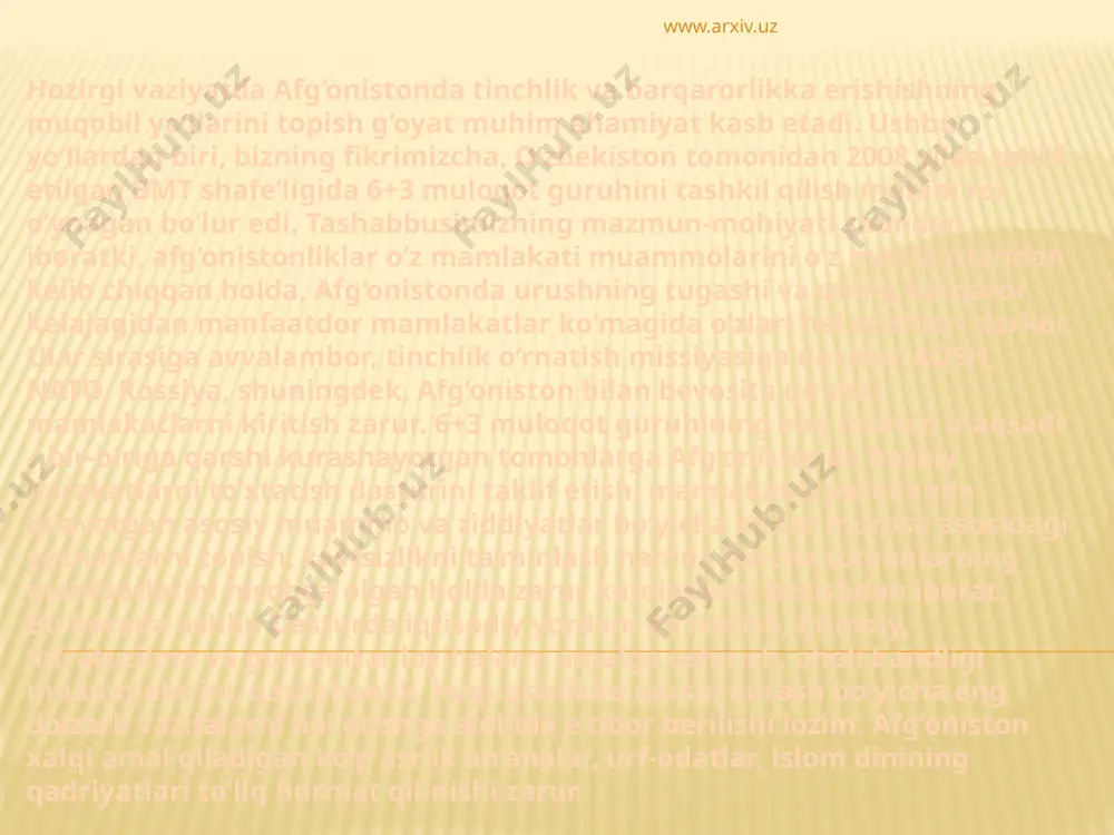 o‘zbekistonni ushbu vahshiyona xunrezlikka tortish, pirovard natijada, millatlararo qarama-qarshilikni ikki qo‘shni mamlakat – qirg‘iziston hamda o‘zbekiston o‘rtasidagi davlatlararo qarama-qarshilikka aylantirishdan iborat edi. o‘ta murakkab va o‘t olib ketish xavfi bo‘lgan mazkur vaziyatda qabih niyat bilan tashkil etilgan voqealarning rivojlanishiga yo‘l qo‘ymaslik biz uchun nihoyatda og‘ir muammoga aylandi. o‘z hududimizda yuz mingdan ortiq qochqinlar, bolalar, xotin-qizlar, qariyalarni qabul qilish, ularni joylashtirish va barcha zarur narsalar bilan ta’minlash juda katta kuch, mehnat va resurslarni talab qildi. ayni paytda o‘ta shafqatsiz zo‘ravonlikning avj olishiga yo‘l qo‘ymaslik, chegara hududida osoyishtalikni saqlash, favqulodda oqibatlarga olib kelishi mumkin bo‘lgan qahru g‘azabni jilovlash, ekstremizmning shiddatli tus olishining oldini olish zarur edi. www.arxiv.uz faqat aql-idrok, oddiy haqiqatni, ya’ni ushbu zaminda ko‘p asrlar davomida o‘zbeklar va qirg‘izlar yonma-yon yashab kelgani va bundan buyon ham ularning farzandlari hamda avlodlari ko‘p asrlar mobaynida birga yashashini teran anglash bizga va xalqimizga mazkur fojianing markaziy osiyoda qarama-qarshiliklarning yangi, keng ko‘lamli o‘chog‘iga aylanib ketishining …