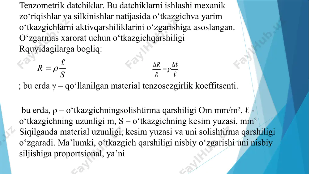 engdoshdir. harorat datchiklarining sinflari va ularning qo‘llash oraliqlariga ayrim misollar keltirilgan. tajriba natijalari jadvallari 10.1 – jadval termorezistorning statik xarakteristikasi termometrko‘r-shi,0c 10 20 30 40 50 60 70 80 90 100 raqamli ommetr ko‘r-shi, om olingan natija bo‘yicha termorezirtorlar qarshiligining harorat o‘zgarishiga bog‘liqlik [(r=(t)] grafigini chizing(10.5-rasm). ushbu tajribani bitta termorezistor uchun ikki–uch marta o‘tkazing. olingan natijalar bo‘yicha arifmetik, nisbiy va absolyut xatoliklarni aniqlang. obyektning harorati o‘zgarishini avtomatlashtirilgan o‘lchovchi va xabarlovchi qurilma orqali o‘rganish. hisobot mazmuni 1. laboratoriya ishining nomi va maqsadi. 2. laboratoriya stendning prinsipial sxemasi. 3. tajriba natijalari jadvali. 4. tajribadan olingan grafik. 5. xulosa. image1.wmf image2.wmf oleobject1.bin oleobject2.bin image3.png s r l r = l l d = d g r r /docprops/thumbnail.jpeg