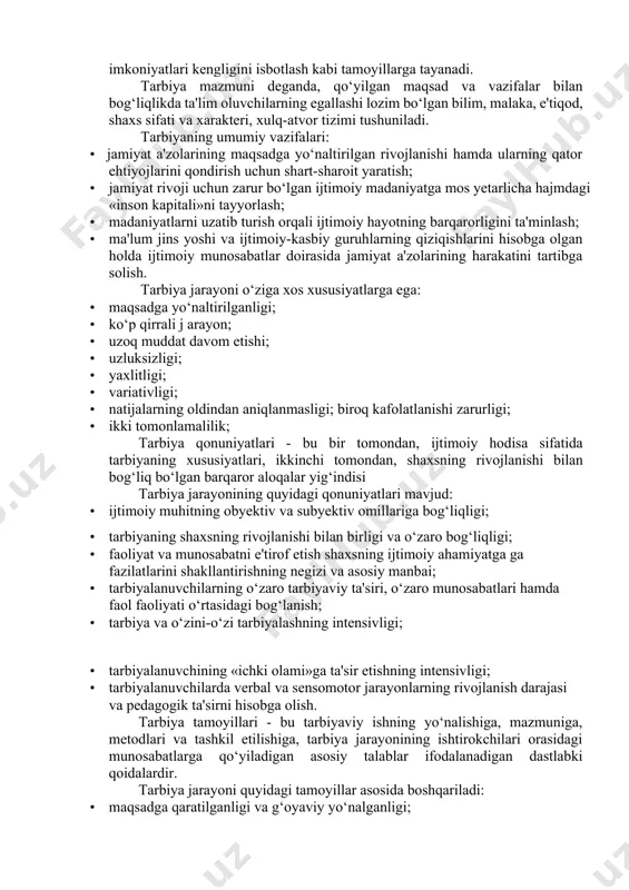 sir etish imkoniyatini beradi. tarbiya jarayonida bo‘lajak mutaxassisda his-tuyg‘ular va turli qobiliyatlari rivojlanadi, g‘oyaviy, axloqiy, irodaviy, estetik xislatlari shakllanadi, tabiatga, jamiyatga ilmiy qarashlar tizimi tarkib topadi, meditsina sohasidagi bilimlari tarkib topadi. tarbiya jarayonida yoshlarda jamiyatning mutaxassis shaxsiga qo‘yadigan axloqiy talablariga muvofiq keladigan xulqiy malaka va odatlari hosil qilinadi. tarbiya asosida yoshlarda miliy qadriyatlarga hurmatni kuchaytirish, insonparvarlik, umuminsoniy qadriyatlarga, millatlararo totuvlik, bagrikenglik, dunyoviy ilmlarga intilish va ilg‘or madaniyatni shakllantirish, dinning dunyoviylik bilan qarama-qarshi emasligini anglash, xuquqiy madaniyat- sog‘lom dunyoqarashning mu'him omili ekani to‘grisidagi ma'lumotlarni ko‘paytirish, ma'rifatning shaxs intellektual salohiyatini oshirishdagi imkoniyatlari kengligini isbotlash kabi tamoyillarga tayanadi. tarbiya mazmuni deganda, qo‘yilgan maqsad va vazifalar bilan bog‘liqlikda ta'lim oluvchilarning egallashi lozim bo‘lgan bilim, malaka, e'tiqod, shaxs sifati va xarakteri, xulq-atvor tizimi tushuniladi. tarbiyaning umumiy vazifalari: · jamiyat a'zolarining maqsadga yo‘naltirilgan rivojlanishi hamda ularning qator ehtiyojlarini qondirish uchun shart-sharoit yaratish; · jamiyat rivoji uchun zarur bo‘lgan ijtimoiy madaniyatga mos yetarlicha hajmdagi «inson kapitali»ni tayyorlash; …