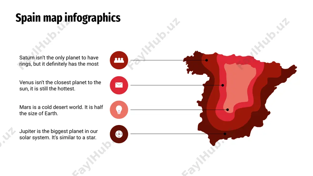 f earth. mars is sometimes spain map infographics mercury is the closest planet to the sun and the smallest one in the solar system—it’s only a bit saturn is unique among the planets. all four gas giant planets have rings made of chunks even though venus isn't the closest planet to the sun, it is still the hottest. it has a thick 30% 60% 10% spain map infographics saturn saturn isn’t the only planet to have rings, but it definitely has the most jupiter jupiter is the biggest planet in our solar system. it's similar to a venus even though venus isn't the closest planet to the sun, it is still the hottest mars mars is a cold desert world. it is half the size of earth. mars is sometimes spain map infographics jupiter jupiter is the biggest planet in our solar system. it's similar to a saturn saturn isn’t …