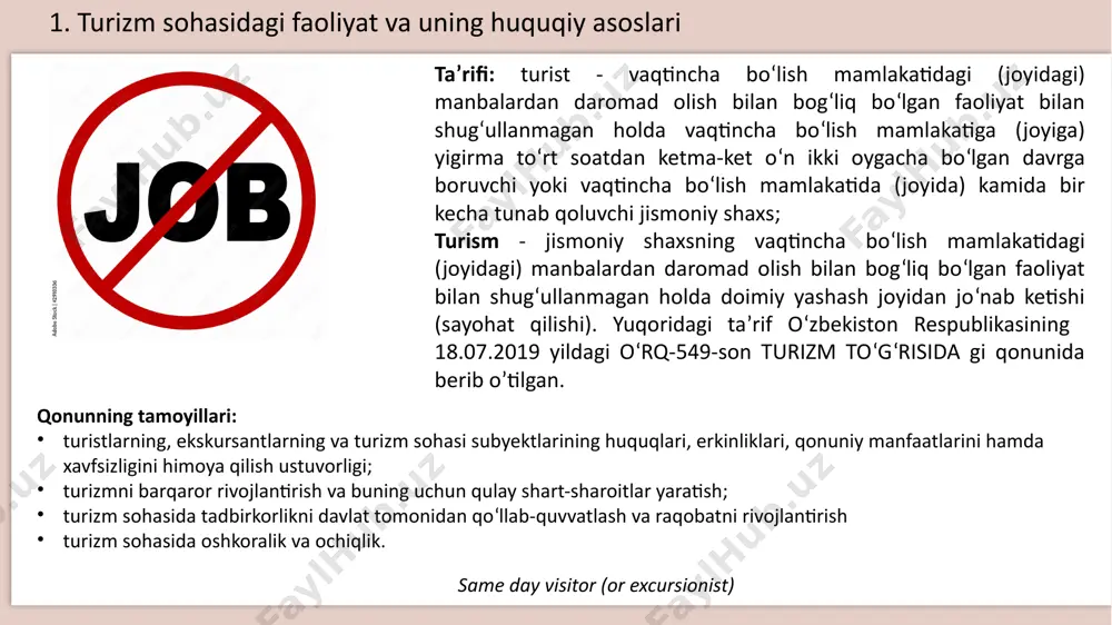 istik faoliyatni (shu jumladan tibbiy va ta’lim turizmini) amalga oshirish); kirish turizmi faoliyati (o‘zbekiston respublikasiga chet el fuqarolarini jalb etishga oid turistik faoliyatni amalga oshirish). litsenziyalash sohasidagi vakolatli organlar: qoraqalpog‘iston respublikasi, viloyatlar va toshkent shahar turizm boshqarmalari. 2. turizm sohasini tartibga soluvchi davlat organlari turizm sohasidagi davlat siyosatining asosiy yo’nalishlari: normativ-huquqiy bazani takomillashtirish, xalqaro me’yor va standartlarni joriy etish; turizm infratuzilmasi va yondosh infratuzilmani rivojlantirish; transport logistikasini rivojlantirish, transport xizmatlari sifatini oshirish; turistik mahsulotlar va xizmatlarni diversifikatsiya qilish orqali mavsumiy omillar ta’sirini kamaytirish; ichki turizmni rivojlantirish; sayohat va dam olish uchun xavfsiz mamlakat sifatidagi imidjini mustahkamlash; malakali mutaxassislarni tayyorlash, kadrlar malakasini oshirish; vazirlar mahkamasining vakolatlari: turizmni rivojlantirish davlat dasturini tasdiqlash; turistlarning ayrim toifalariga imtiyozlar berish tartibini belgilash; litsenziyalash tartibini belgilash; hukumatlararo shartnomalar tuzish turistlarning borishi ta’qiqlanadigan obyektlar va hududlarni belgilash. 2. turizm sohasini tartibga soluvchi davlat organlari o‘zbekiston respublikasi prezidentining 27.07.2023 yildagi pf-114-son ma’muriy islohotlar doirasida madaniyat va turizm sohasida …