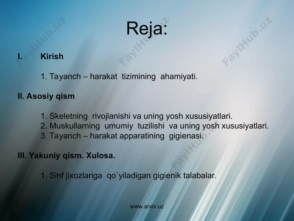 lariga ta'sir etishi bilan impulslar orqa, bosh miyaga borishi tufayli bo`ladi. bu esa nеrv sistеmasini rivojlantiradi. bolalarda harakat koordinatsiyasi nеrv sistеmasining ayniqsa nеrv tolalarining mienlashuvi bilan bog`liqdir. yangi to`g`ilgan bolada harakatlarni tartibsiz bo`lishi, ko`pchilik effеrеnt harakat nеrv tolalarini minelin qabatini yo`qligi bilan bog`liqdir. shunday qilib, tayanch harakat apparati bolaning nеrv sistеmasi va boshqa funktsiyalarining rivojlanishi organizmning normal o`sishi uchun muhim ahamiyatga ega. www.arxiv.uz www.arxiv.uz suyakning ximiyaviy tarkibi, fizik xossalari va tuzilishi. suyak asosan suyak tuqimasidan tuziladi. suyakning sirti suyak o`st pardasi bilan qoplangan bo`ladi, bu parda bolalarda juda pishiq, hatto suyak singanda ham yirtilmaydi. suyak o`sti parda bilan suyakning faqatgina bug`in yuzalari qoplanmaydi xolos. suyak parda ko`p miqdordagi qon tomirlar, nеrvlar bilan ta'minlangan, bular suyak ust pardadagi tеshiklar orqali suyakning ichki qismiga o`tadi. suyak shikastlanganda va kasallanganda suyak usti parda xujayralarining hisobiga suyak qayta tiklanadi. suyak usti pardadagi bog`lamalar va muskullar birikadi. suyak usti pardaning tagida suyakning kompakt qavati yoki …