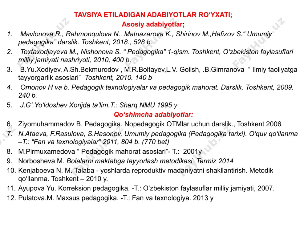 “b +” baholari qo‘yiladi. agar talaba mavzu bo‘yicha materialni yaxshi bilsa, uni mazmunan to‘g‘ri bayon etsa, muloqot jarayonida faol ishtirok etsa, aniq va to‘liq javoblarni shakllantira olsa, ammo kichik xatolarga yo‘l qo‘ysa, unda “v”, “s+”, “s” baholari qo‘yiladi. agar talaba asosiy material haqida bilimga ega bo‘lsa, lekin uning tafsilotlarini puxta o‘zlashtirmagan bo‘lsa, noaniqliklarga yo‘l qo‘ysa, javob berishda yetarli darajada to‘liq ma’lumotlar bermasa, materialni taqdim etishda mantiqiy ketma-ketlikni buzsa, muloqot jarayonida qiyinchiliklarga duch kelsa, unda “d+”, “d” baholari qo‘yiladi. agar talaba savolning mohiyati to‘g‘risida tasavvurga ega bo‘lmasa, savollarga javob bermasa, muloqot jarayonida qatnashmasa, unda “f” (fail) bahosi qo‘yiladi. noma’lum sabablarga ko‘ra umumiy soatlarning 20% dan ortig‘ini o‘tkazib yuborgan talabalar yakuniy nazoratga kiritilmaydi. talabaning semestr davomida bajargan ishini baholashda quyidagilar hisobga olinadi: darslarga qatnashish; darslarda faol va samarali ishtirok etish; asosiy va qo‘shimcha adabiyotlarni o‘rganish; mustaqil ishlarni bajarish; barcha topshiriqlarni o‘z vaqtida topshirish. akademik odob –axloq va etika qoidalari plagiat va boshqa …