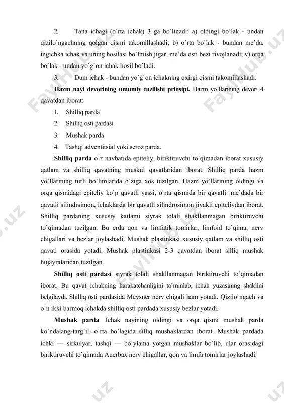 va orqa qismi mushak parda ko`ndalang-targ`il, o`rta bo`lagida silliq mushaklardan iborat. mushak pardada ichki — sirkulyar, tashqi — bo`ylama yotgan mushaklar bo`lib, ular orasidagi biriktiruvchi to`qimada auerbax nerv chigallar, qon va limfa tomirlar joylashadi. tashqi-seroz yoki adventitsial parda. me’da-ichak nayining asosiy qismi mana shu seroz parda - qorin pardaning visseral varag`i bilan o`ralgan. seroz pardaning asosi qon tomirlar va nerv tolalari tutgan siyrak tolali shakllanmagan biriktiruvchi to`qimadan iborat bo`lib, tashqaridan - bir qavatli yassi epiteliy (mezoteliy) bilan qoplangan. hazm yo`llarining ayrim joylarida (qizilo`ngach, to`g`ri ichakning bir qismida) seroz parda bo`lmay, bular nerv va tomirlar tutuvchi biriktiruvchi to`qimadan iborat adventitsial parda bilan o`ralgan. og`iz bo`shlig`i. hazm sistemasining oldingi bo`lagiga og`iz bo`shlig`i va uning hosilalari - lab, lunj, milk, qattiq tanglay, yumshoq tanglay, tishlar, so`lak bezlari, murtaklar, yutqin va qizilo`ngach kiradi. hazm sistemasining oldingi qismi oziq moddalarga asosan mexanik ta’sir ko`rsatadi. so`lak bezlarining mahsuloti (amilaza va maltaza) ta’sirida og`iz bo`shlig`ida uglevodlarning dastlabki …