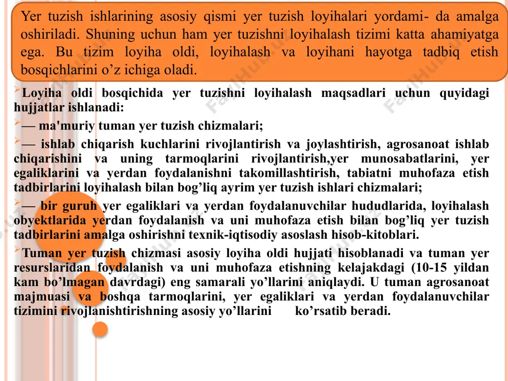 yer egaliklari va yerdan foydalanish tizimini takomillashtirish va ular yerlaridagi kamchiliklarni tugatish; — yer resurslaridan intensiv foydalanish va qishloq xo’jalik yerlari unumdorligini oshirish yo’llarini belgilash; — xo’jalik markazlari, ishlab chiqarish va ijtimoiy infratizimlari tarmoqlarining kelajakdagi rivojlanishini va hududiy joylashuvini aniqlash; — qishloq xo’jalik mahsulotlarini ishlab chiqarishni ko’paytirish bo’yicha takliflar tayyorlash; — yerni va tabiatni muhofaza qilish bo’yicha tadbirlar ishlab chiqish; — belgilangan tadbirlarni amalga oshirish uchun zarur kapital mablag’lar, moddiy va mehnat resurslari miqdorini aniqlash va ularning iqtisodiy samaradorligini baholash. yer tuzish tizimi oldida turgan ayrim masalalardan kelib chiqqan holda, yer qonunlarini hayotga tadbiq qilishda, yer islohatini tkazishda, tabiatni muhofaza etish tadbirlariniustaqil ravishda tkazishda tuman yer tuzish chizmasi tarkibida yerdan foydalanish va uni muhofaza etishga qaratilgan ayrim chizmalar ham ishlanishi mumkin. bunday chizmalar jumlasiga quyidagilar kirishi mumkin: — tuman xududidagi yerlarni qayta taqsimlash chizmasi; — eroziyaga qarshi tadbirlar chizmasi; — buzilgan yerlarni rekultivatsiyalash chizmasi; — tuman hududida ichki yo’llarni joylashtirish …