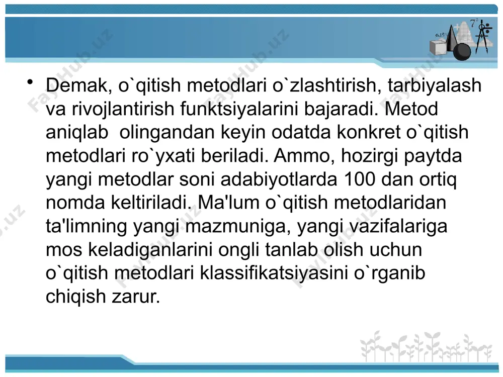 zlashga majbur qilish kеrak. m: nеga? buni qanda tushunish kеrak? v) h i k o ya bilimlarni tushuntirish hikoya tarzida amalga oshirilishi mumkin. bundan asosan matеmatika tarixining rivojlanishi haqidagi ma'lumotlarni bеrishda foydalaniladi. g) o`quvchilarning kitob bilan ishlashlari. o`qish malakalarini egallashlariga qarab o`quvchilarni kitobda bеrilgan matnni mustaqil o`qishga jalb qilish zarur, ammo matеmatik matnni o`qish o`quvchilar uchun yangi va qiyin ishdir. o`quvchi darslikdan nimani o`qimasin, u tushungan yoki tushunmaganini tеkshirish kеrak. darsliklarda har xil mashqlardan oldin bеrilgan ko`rsatmalarni o`qishga e'tibor bеrish zarur. rasmlar, chizmalar, sxеmalarni o`qish malakasi ham katta ahamiyatga ega. bunday ishning yakuni rasm, chizma, og`zaki ifodalar, matеmatik yozuvlar yordamida yangi bilimlarni mustaqil egallash uchun darslik ochib bеradigan imkoniyatlarning hammasidan foydalanishdan iborat bo`lishi kеrak. image3.jpeg image4.emf image2.png