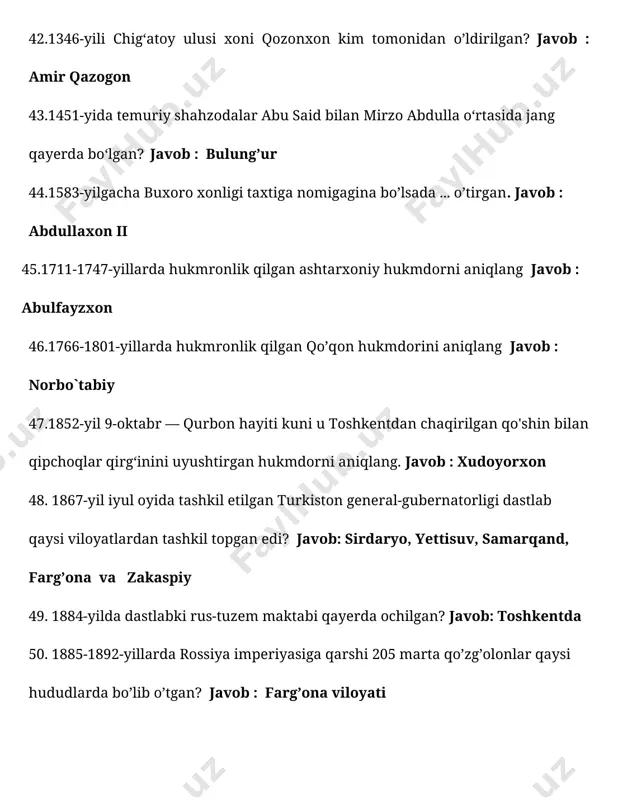 taraqqiyot strategiyasini beshinchi yo'nalishi nima deb nomlanadi? javob: ma’naviy taraqiyotni ta’minlash va sohani yangi bosqichga olib chiqish 71. 2022 — 2026 yillarga mo‘ljallangan yangi o‘zbekistonning taraqqiyot strategiyasi nechta maqsaddan iborat? javob: 7 ta 72. 2022 — 2026 yillarga mo‘ljallangan yangi o‘zbekistonning taraqqiyot strategiyasini birinchi yo'nalishi nima deb nomlanadi? javob: inson qadrini yuksaltiish va erkin fuqarolik jamiyatini yanada rivojlantirish orqali xalq parvar davlat barpo etish 73. 2022 — 2026 yillarga mo‘ljallangan yangi o‘zbekistonning taraqqiyot strategiyasini uchunchi yo'nalishi nima deb nomlanadi? javob: milliy itisodiyotni jadal rivojlantirish va yuqori o’sish sur’atlarini taminlash 74. 2022 — 2026 yillarga mo‘ljallangan yangi o‘zbekistonning taraqqiyot strategiyasini to’rtinchi yo'nalishi nima deb nomlanadi? javob: adolatli ijtimoiy siyosat yuritish inson kapitalini rivojlantirish 75. 2022 — 2026 yillarga mo‘ljallangan yangi o‘zbekistonning taraqqiyot strategiyasini etinchi yo'nalishi nima deb nomlanadi? javob: mamlakatimiz xavfsizligi va mudofaa salohiyatini kuchaytirish ochiq, pragmatik va faol tashqi siyosat olib borish 76. 23 ta fashistni yer tishlatgan qahramon o`zbek …