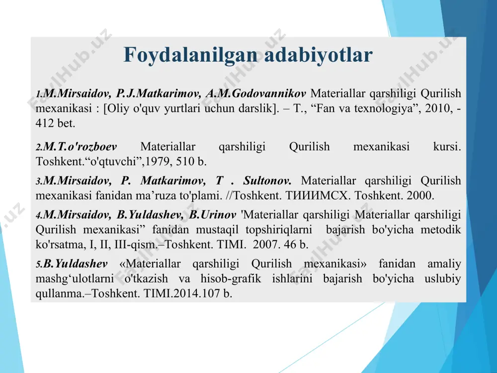 i. mkgss sistemasida esa buning aksidir. materiallar qarshiligida ishlatiladigan si sistemasining asosiy birliklari quyidagilardan iborat: uzunlik – metr (m) da, massa – kilogram (kg) da, vaqt – sekund (sek) da, yassi burchak – radian (rad) da o‘lchanadi. bu sistemada qo‘shimcha birliklar esa quyidagi o‘lchov birliklarda o‘lchanadi: yuza (f) – metr kvadrat (m2 ) da hajm (v) – metr kub (m2 ) da zichlik (ρ) – kilogram bo‘lingan metr kub (kg/m2 ) da tekis shaklning statik momentlari (s) va qarshilik momentlari (w) – metr kub (m3 ) da tekis shaklning inersiya momentlari (i) – metr to‘rtinchi daraja (m4 ) da tezlik (v) – metr bo‘lingan sekund (m/sek) da tezlanish (w) – metr bo‘lingan sekund kvadrat (m/sek2 ) da burchak tezligi ( ω ) – radian bo‘lingan sekund (rad/sek) da burchak tezlanishi (w) – radian bo‘lingan sekund kvadrat (rad/sek2 ) da kuch (p) – nyuton (n) da kuch momenti (m) – nyuton …