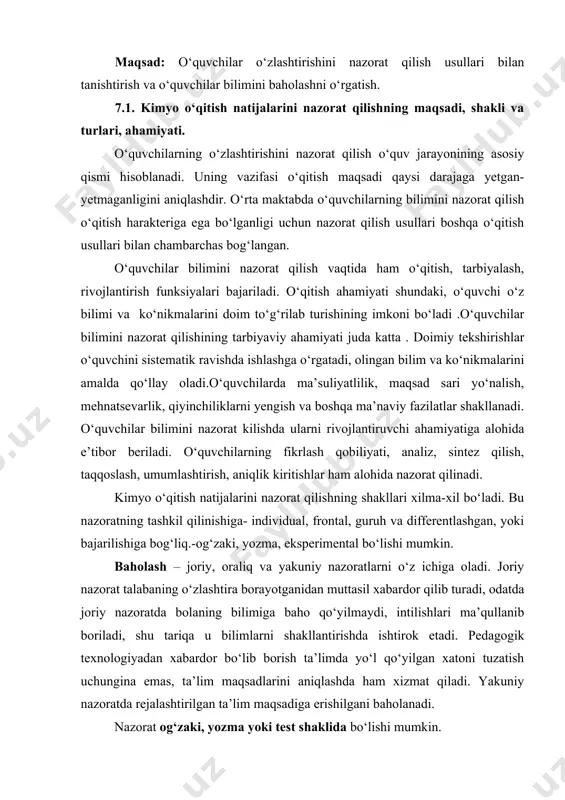 ‘z ichiga oladi. joriy nazorat talabaning o‘zlashtira borayotganidan muttasil xabardor qilib turadi, odatda joriy nazoratda bolaning bilimiga baho qo‘yilmaydi, intilishlari ma’qullanib boriladi, shu tariqa u bilimlarni shakllantirishda ishtirok etadi. pedagogik texnologiyadan xabardor bo‘lib borish ta’limda yo‘l qo‘yilgan xatoni tuzatish uchungina emas, ta’lim maqsadlarini aniqlashda ham xizmat qiladi. yakuniy nazoratda rejalashtirilgan ta’lim maqsadiga erishilgani baholanadi. nazorat og‘zaki, yozma yoki test shaklida bo‘lishi mumkin. bundan tashqari didaktikada nazorat turlari mavjud, ular didaktik funksiyasiga bog‘liq: mavzu o‘qitishdan oldin, dars vaqtida, chorak yoki yarim yillik, yil oxirida. nazorat qilish usullari. og‘zaki nazorat va o‘z-o‘zini nazorat qilish usullari: a) individual so‘rash b) frontal so‘rash v) og‘zaki sinovlar g) og‘zaki imtihon d) dasturlashtirilgan so‘rash e) og‘zaki o‘z-o‘zini nazorat qilish. yozma nazorat va o‘z-o‘zini nazorat qilish usullari: a) yozma nazorat qilish b) yozma sinovlar v) yozma imtihon g) dasturlashtirilgan yozma ishlar d) yozma ravishda o‘z-o‘zini nazorat qilish. amaliy-laboratoriya nazorati va o‘z-o‘zini nazorat qilish usullari: a) kontrol - …