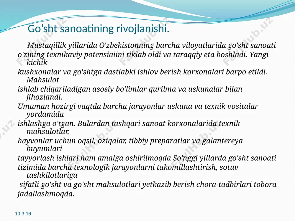 nimtalari; lahm go'sht yoki suyakdan ajratib olingan go'sht; yog', pay, tog'ay va limfa tomirlaridan tozalab olingan go'sht shular jumlasidandir. umuman, go'sht miqdori semiz mollarda ko'p, oriqlarda oz, shuningdek, yosh mollarda ham oz, katta yoshdagilarda esa ko'proq bo'ladi, shu bilan birga erkak mollarda urg'ochilarga nisbatan ko'p go'sht bo'lishi aniqlangan. mol tanasida yog' to'qimalarning miqdori, asosan, teri ostida, shuningdek, buyrak va qovuq atrofida oshqozon va ichaklar atrofida ko'proq uchraydi. bunday xususiyat ko'proq yirik mollarda yaxshi ifodalangan bo'ladi. mol go'shtining sifatini aniqlashda yana bir usul ancha qulay hisoblanadi. ya'ni go'shtning marmarsimon ko'rinishga ega bo'lishi yoki ega emasligi bu borada asosiy ko'rsatkich hisoblanadi. adabiyotlarning ma'lumotlariga ko'ra lahm go'sht tarkibida 72-75% suv, 25-28% quruq modda bo'ladi. lekin quruq qoldiqning deyarli 60% ini oqsil tashkil qilsa, 5% ini yog" va 1-1,2% ini mineral moddalar, vitaminlar, fermentlar va gormonlar tashkil etadi. go'sht oqsilining 85% i to'la qiymatli bo'lgan, o'z o'rnini almashtirib bo'lmaydigan aminokislotalardan tashkil topgandir. go'sht tarkibida …