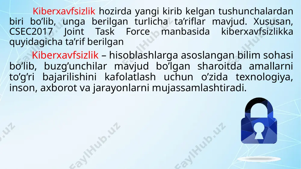 foydalanilayotgan tizim yoki axborot xavfsizligini ta’minlovchi dasturiy ta’minotlarni ishlab chiqish va foydalanish jarayoniga e’tibor qaratadi. aloqa xavfsizligi - bilim sohasi tashkil etuvchilar o’rtasidagi aloqani himoyalashga etibor qaratib, o’zida fizik va mantiqiy ulanishni mujassamlashtiradi. tizim xavfsizligi - bilim sohasi tashkil etuvchilar, ulanishlar va dasturiy ta’minotdan iborat bo’lgan tizim xavfsizligining jixatlariga e’tibor qaratadi. tashkilot xavfsizligi - bilim sohasi tashkilotni kiberxavfsizlik tahdidlaridan himoyalash va tashkilot vazifasini muvaffaqqiyatli bajarishini madadlash uchun risklarni boshqarishga e’tibor qaratadi. ijtimoiy xavfsizlik-bilim sohasi jamiyatda u yoki bu darajadagi ta’sir ko’rsatuvchi kiberxavfsizlik omillariga e’tabor qaratadi. kiberjinoyatchilik, qonunlar, axloqiy munosabatlar, siyosat, shaxsiy hayot va ularning bir-biri bilan munosabatlari ushbu bilim sohasidagi asosiy tushunchalar hisoblanadi. demak, aytish mumkinki, kiberxavfsizlik sohasi axborot texnologiyalari mutaxassislari uchun zarur soha hisoblanadi. image2.png image3.png image4.png image5.png image6.png image7.png image1.jpg /docprops/thumbnail.jpeg
