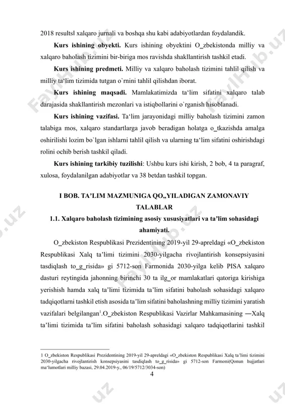 bekiston respublikasi vazirlar mahkamasining ―xalq taʼlimi tizimida taʼlim sifatini baholash sohasidagi xalqaro tadqiqotlarini tashkil etish chora tadbirlari to‗g‗risida‖ gi 997-sonli qarorida eng ustuvor vazifa qilib quyidagilar olindi: [1: o‗zbekiston respublikasi prezidentining 2019-yil 29-apreldagi «o‗zbekiston respublikasi xalq taʼlimi tizimini 2030-yilgacha rivojlantirish konsepsiyasini tasdiqlash to‗g‗risida» gi 5712-son farmoni(qonun hujjatlari ma‘lumotlari milliy bazasi, 29.04.2019-y., 06/19/5712/3034-son) ] · xalqaro tadqiqotlar natijalariga asoslangan holda o‗qish; · pisa, pirls, baholash dasturi yo‗nalishidagi savollar milliy bazasini yaratish va o‗quv dasturlariga integratsiya qilish. o‗zbekiston respublikasida xalq taʼlimi tizimida olib borilayotgan amaliy ishlar, taʼlim sifatini baholash sohasidagi xalqaro tadqiqotlarning tashkil yetilishi to‗g‗risida hukumat qarorining qabul qilinishi taʼlim sohasidagi yutuqlarni baholash xalqaro assotsiatsiyasidek (iyea) nufuzli tashkilot bilan hamkorlik aloqalarining yo‗lga qo‗yilishi taʼlim tizimida muhim ahamiyat kasb etadi.[footnoteref:2] [2: o‗zbekiston respublikasi vazirlar mahkamasining "xalq taʼlimi tizimida taʼlim sifatini baholash sohasidagi xalqaro tadqiqotlarini tashkil etish chora tadbirlari to‗g‗risida"gi 997 -sonli qarori(qonun hujjatlari ma‘lumotlari milliy bazasi, 08.12.2018-y., 06/19/5712/3024-son) ] pisa - o‗quvchilarni taʼlim …