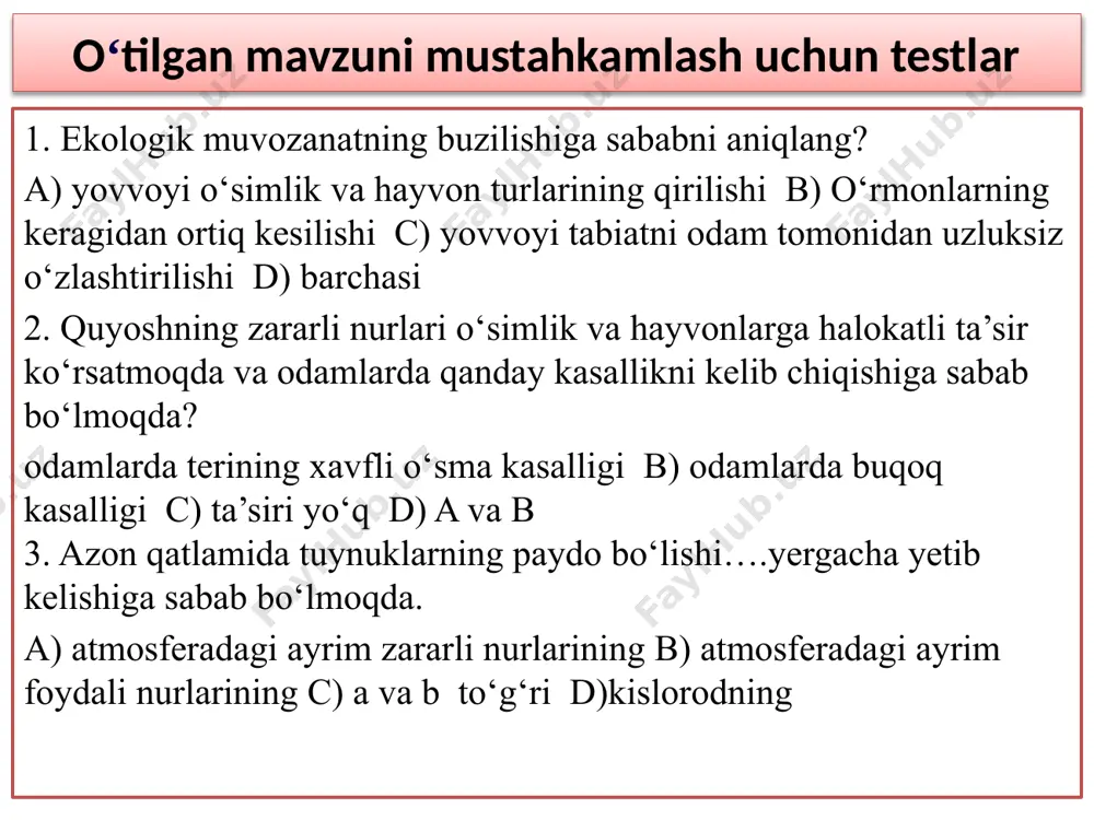 iy ta’sirga odam tomonidan o‘simlikning yangi navlarini yaratilishi, hayvonlarning yangi (go‘shtdor, sersut va hokazo) zotlarini olinishi, oziq-ovqat mahsulotlarining ko‘paytirilishi misol bo‘ladi. salbiy ta’sirga yovvoyi hayvonlarni ko'plab ovlash natijasida ularning qirilib ketishi, o'rmondagi daraxtlarning keragidan ortiq kesilishi, atmosfera havosining chiqindilar bilan ifloslanishi, cho‘llarning o‘zlashtirilishi natijasida daryo va dengizlarning qurib qolishi kiradi. insonning tabiatga ijobiy ta’siri insonning tabiatga salbiy ta’siri dastlabki ovchilar tomonidan xx asrgacha yer yuzidan yo‘qolgan hayvonlar: 1 – stellerov sigiri; 2 – qalin junli karkidon; 3 – xaltali bo‘ri; 4 – sayyor kaptar; 5 – tur; 6 – dront; 7 – gigant dinornis. ekologik muammolar. odamning tabiatga salbiy ta’siri ortgani sari turli ekologik muammolar kelib chiqadi. masalan, odam tomonidan cho‘llarning o‘zlashtirilishi, tuproqning sho‘ rini yuvish va cho‘l zonalarida o‘stiriladigan o‘simlik, masalan, g‘o‘zani sug‘orish natijasida orol dengizi quriy boshladi. transport vositalarining ko‘payishi, yonilg‘idan ko‘p miqdorda foydalanish atmosferadagi karbonat angidrid miqdorini oshirib, havo haroratining ko‘tarilishiga, bu esa o‘z navbatida muzliklarning erib, …