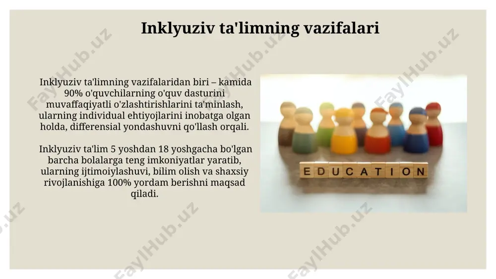 n. inklyuziv ta'limning davlat tomonidan moliyalashtirilishi 2025 yilga kelib umumiy byudjetning kamida 15% ni tashkil etish maqsadini ko'zlaydi, bu esa ta'lim resurslarini kengaytirishni o'z ichiga oladi. imkoniyatlari cheklangan o'quvchilarni qo'llab-quvvatlash inklyuziv ta'lim yondashuvi, kamida 3 turdagi qo'llab-quvvatlash xizmatlarini – pedagogik, psixologik va tibbiy – o'z ichiga oladi, bu esa o'quv jarayonini samarali qiladi. imkoniyatlari cheklangan o'quvchilarning 70% ga yaqini qo'shimcha individual yordam va maxsus ta'lim resurslariga muhtoj, bu ularning o'quv ehtiyojlarini qondirish uchun zarur. e'tiboringiz uchun rahmat @taqdimot_robot image3.jpg image4.jpg image5.jpg image6.jpg image7.jpg image8.jpg image9.jpg image10.jpg image11.jpg image12.jpg