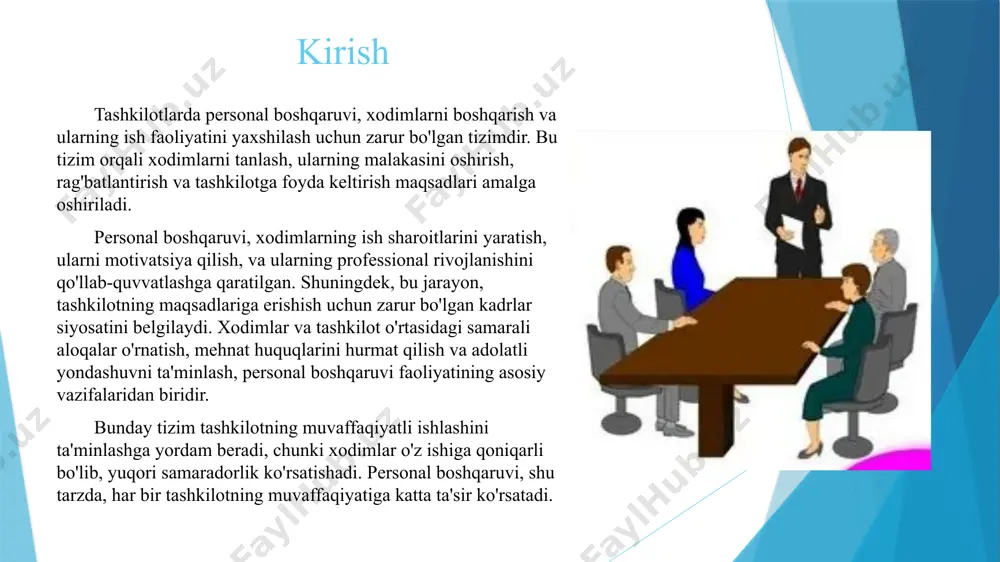 ashkilot ichida ijobiy muhit yaratadi, bu esa xodimlar o'rtasida ishonch va hamkorlikni kuchaytiradi. huquqiy va ijtimoiy masalalar: personal boshqaruvi xodimlarning huquqlarini himoya qilish, mehnat qonunlariga rioya qilish va ijtimoiy masalalarni hal qilishda muhim rol o'ynaydi. tashkilotlarda personal boshqaruvining ijtimoiy ish bilan bog’liqligi tashkilotlarda personal boshqaruvi va ijtimoiy ish o'rtasida yaqin bog'liqlik mavjud. personal boshqaruvi, asosan xodimlarni tanlash, malakasini oshirish, ularni motivatsiya qilish va ish muhitini yaratishga qaratilgan bo'lsa, ijtimoiy ish esa xodimlarning ijtimoiy ehtiyojlarini hisobga olib, ularning farovonligini ta'minlashga xizmat qiladi. personal boshqaruvi xodimlar bilan ijtimoiy jihatdan ham aloqada bo'lishi zarur. masalan, xodimlarning ishdagi holati, ularning shaxsiy muammolari yoki ijtimoiy muammolariga e'tibor qaratish, motivatsiya va farovonlikni oshirishga yordam beradi. personal boshqaruvi ijtimoiy ish bilan bog'liq faoliyatlarni o'z ichiga oladi, chunki u xodimlarning mehnat sharoitlarini yaxshilash, ularning salomatligi va farovonligini ta'minlashni maqsad qiladi. shu bilan birga, ijtimoiy ish tashkilot ichida xodimlar o'rtasida ijtimoiy adolatni ta'minlash, tenglik va mehnat huquqlarini himoya qilish …