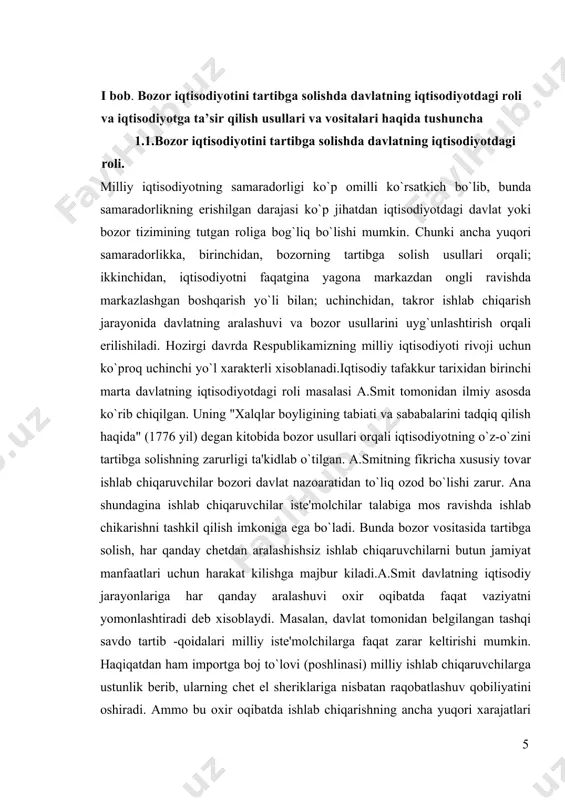 mkin bo`lmagan vazifalarni oladi. ikkinchidan, bozor iqtisodi sharoitida hususiy ishlab chiqarish va iste'mol bir qator ijobiy va salbiy oqibatlarni tug`diradi. bu oqibatlar bevosita uchinchi shaxs manfaatida aks etadi va demak kishilarning alohida guruhi va umuman jamiyat manfaatiga ta'sir qiladi. masalan, chiqitli texnologiyaga asoslangan ishlab chiqarishlarda tozalash qurilmalariga xarajatlarni tejash, xususiy ishlab chiqaruvchilar nuqtai nazaridan (u yoki bu kompaniya yoki individual ishlab chiqarishga) foydali, atrof muhitni ifloslanishiga olib kelishi esa boshqa kishilar uchun qo`shimcha salbiy oqibatga ega. davlat yakka tadbirkor yoki istemolchidan farqli, jamiyat manfaatini ifodalab, qo`shimcha ijobiy samarani rag`batlantirishga va aksincha salbiy samara bilan bog`liq faoliyatni tartibga solishi va cheklashga harakat qilishi zarur. uchinchidan, davlatning iqtisodiy jarayonlariga aralashuvi shu sababli ro`y beradiki, individual istemolchilar hamma vaqt u yoki bu tovarni iste'mol qilishning oqibatlarini ob'ektiv baholay olmaydi. shu nuqtai nazardan, davlat foydali iste'molni kengaytirish va aksincha sog`lik uchun zarar tovarlar iste'molini cheklash vazifasini o`z zimmasiga oladi. to`rtinchidan, davlat o`z zimmasiga bozorning …