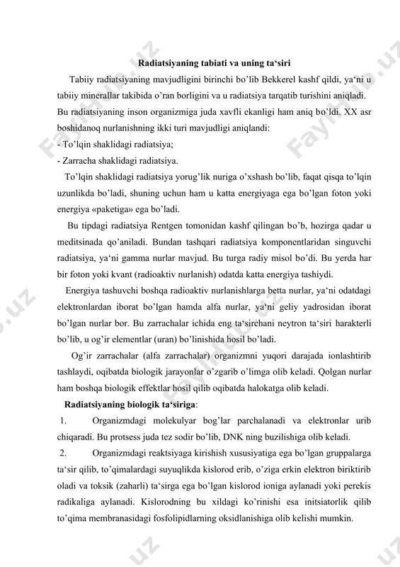a kislorod erib, o’ziga erkin elektron biriktirib oladi va toksik (zaharli) ta‘sirga ega bo’lgan kislorod ioniga aylanadi yoki perekis radikaliga aylanadi. kislorodning bu xildagi ko’rinishi esa initsiatorlik qilib to’qima membranasidagi fosfolipidlarning oksidlanishiga olib kelishi mumkin. yuqoridagi radioaktiv nurlar ta‘siri oqibatlarini tiklash amaliy jihatdan o’ta murakkab bo’lib, ko’pincha tiklash imkoniyati bo’lmaydi. muhitning radioaktiv zaharlanishi. yadroviy portlash natijasida juda ham kuchli yadroviy nurlanish kelib chiqadi. bu nurlanish tirik organizmlar to’qimalarining buzilishiga olib keladi. yadroviy portlash natijasida atmosferaga chiqqan mahsulotlar (portlash markazidan) yuzlab kilometrgacha cho’zilishi va yalpi qirg’inga olib kelishi mumkin. agar yadroviy zarba atom stantsiyalari va harbiy ahamiyatga ega bo’lgan reaktorlarga beriladigan bo’lsa, radiatsiya darajasi yanada yuqoriroq bo’ladi. radioaktiv moddalar taxminan yarim qattiq zarrachalar holida bo’lib, ular yog’inlar (namliklar) bilan birinchi kecha-kunduzda yer yuziga qaytib tushadi. bu moddalarning qolgan qismi esa atmosferada oylab, yillab qolib ketishi mumkin, ammo bularning radioaktivlik ta‘siri ancha kuchsiz bo’ladi. 1986 yilda bo’lgan chernobil atom elektr stantsiyasining falokati …