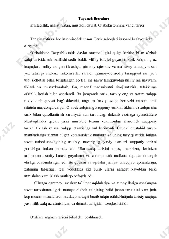 afaqat o`zbek xalqining balki jahon tarixinini xam juda kup muxim masalalarai mutlaqo notugri buzib talqin etildi.natijada tarixiy xaqiqat yashirilib xalq uz utmishidan va demak, uzligidan uzoqlashtirildi. o‘zlikni anglash tarixni bilishdan boshlanadi. bu ulkaga xasad va tajovuz kuzi bilan karagan mardona xalqni kuch tabiiy zaxiralarini uziniki kilishga jon-jaxdi bilan intilgan bosqinchilar juda kup bulgan. sobik shuro saltanati yillarida eng qadimgi davrlardan to xix asr ikkinchi yarmiga qadar tariximiz soxtalashtirildi. prezidentimiz i.karimov bu xaqida «o`zbekistonning o`zbek xalqining bugun keng om maga etkazishga arziydigan xaqqoniy tarixi yaratildimi, yukmi?sovet davrida yozilgan tarixni men tarix sanamayman, uzgalar yozib bergan tarixni uqitishga mutlako qarshiman, mustamlakachi uziga qaram bulgan xalq xaqida kachon xolis, adolatli fikr aytgan? ular bor kuch-g’ayratlarini turkistonni kamsitishga, bizni tariximizdan judo qilishga sarflaganlar. tarixdan judo bulish nimaligini yaxshi bilsangiz kerak. inson uchun tarixdan judo bulish xayotdan judo bulish demakdir.»-deb juda urinli uqdirgan edilar. xix asrning ikkinchi yarmi va xx asrning boshlarida chor rossiya xukmronligi …