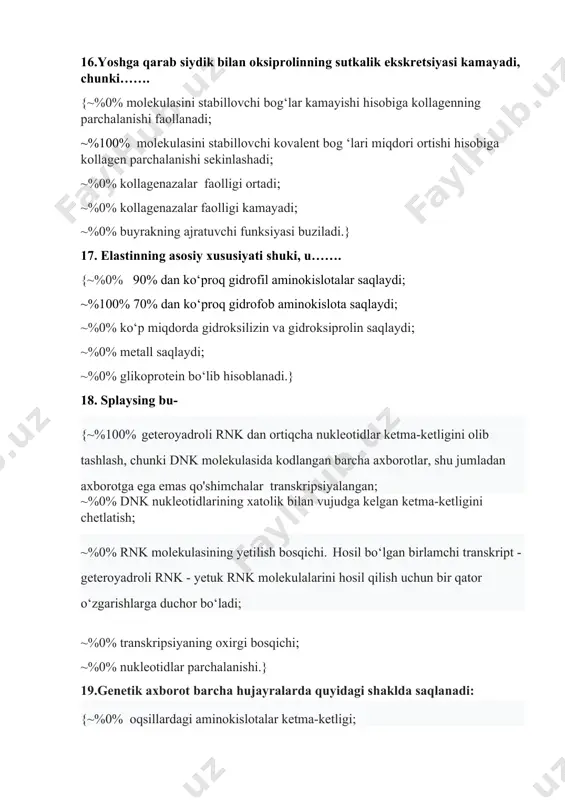 i o ‘z ichiga oladi: {~% 33% reaksion; ~% 33% substratli; ~% 33% stereospesifik; ~% 0% ingibirlovchi; ~% 0% inaktivlovchi.} 28. hozirgacha quyidagi garmonlar o‘rganilgan: {~%0% 1000 turdagi; ~%0% 1500 turdagi; ~%100% 2000 turdagi.} 29. sinapsinlar bu- {~%0% nerv to ‘qimasining spesifik qisqartiruvchi oqsillari; ~%0% neyrospesifik glial oqsillar; ~%0% gamk retseptorlarining manfiy regulyatorlari; ~%100% sinapslarda mediatorlar ajralishini regulyatsiya qiluvchi neyrospesifik oqsillar.} 30. oksidoreduktazalar qanday funksiyalarni bajaradi: {~%100% oksidlanish-qaytarilish reaksiyalari; ~%0% aminoguruhni tashish; ~%0% fosfat guruhlarini tashish.} 31. transferazalar qanday funksiyani bajaradi: {~%0% oksidlanish-qaytarilish reaksiyalari; ~%50% aminoguruhlarni tashish; ~%50% fosfat guruhlarini tashish; ~% 0% metillanish.} 32. ribozim tushunchasi nimani anglatadi: {~%0% riboza almashinuvini; ~%0% riboza hosil bo‘lishini; ~%100% katalitik faol rnk.} 33. stereospesifiklik nima- {~%0% glyukozadan riboza hosil bo‘lishi; ~%0% glyukozadan l-laktat hosil bo ‘lishi ~%100% l-laktat va d – laktatning o‘zaro o‘zgaruvchanligi.} 34. gidrolazalar qanday funksiyani bajaradi: {~%0% nad ga elektronlar o‘tishi; ~%0% fadga elektronlar o‘tishi; ~%100% elektronlarning suvga o‘tishi.} …