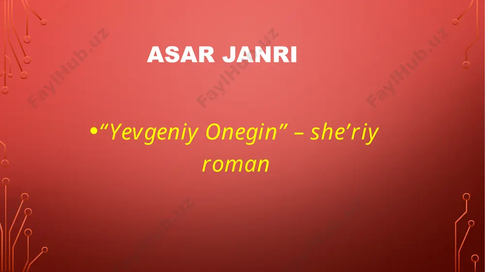 boldinada yakunlangan. bobning muqovasida “yevgeniy oneginning so’nggi bobi “ deb yozilgan. 9-bob romanga kirmagan “yevgeniy oneginning sayohatleri” qismi 1825-yilda odessada yozilgan . 10-bob qoralamalar. chop etilmagan bizgacha uning bazi qismlari yetib kelgan. asar kompozitsiyasining o’ziga xos xususiyatlari asosiy prinsip - simmetriya (vaziyatning takrorlanishi) simmetriya (parallelism) – bir syujet holatining takrorlanishi ( masalan: uchrashuv- xat- tushuntirish) ikki alohida qismdaham qahramonlar xatlari leksikasining mos kelishi. simmetriya o’qi – tatyananing tushi. antiteza – qismlarda obrazlarning oshkor bo’lishi bilan bog’liq. 1-bob – peterburg-onegin hayoti; 2-bob qishloq tatyana hayoti. lirik chekinish – syujet liniyasi bilan har doim ham mavzuiy bog’liq emas . kulminatsion holatlardan oldin qo’llanilgan. har bir bobda epigraf. har bir bob- syujetning yangi bir bosqichi. kompozitsiyada peyzajning roli – vaqqning o’tganligini ko’rsatish. boshlanishi va oxiri yo’q. romanga kirish – muqaddima . qo’shimcha elementlar: qahramonlar portreti, peyzaj chizmalari, lirik chekinish, tatyananing tushi, dialoglar, kristyanlar qo’shig’i, xat, topqirlik tasviri. asardagi kompozitsiya 1-bob batafsil ekspozitsiya qahramonlar …
