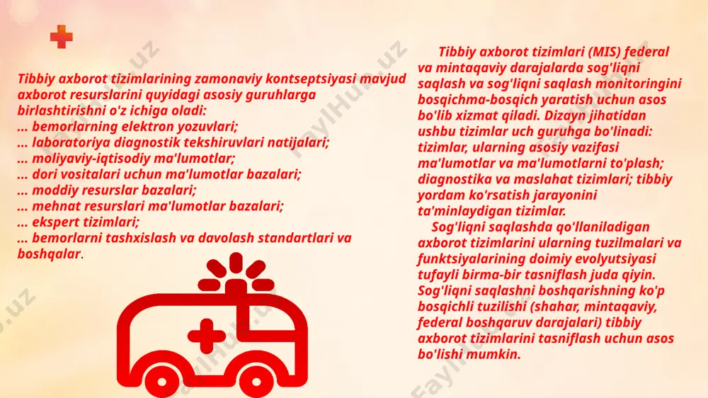 y ppt_x ppt_y style.visibility ppt_x ppt_y style.visibility ppt_x ppt_y style.visibility ppt_x ppt_y tibbiy axborot tizimlarining zamonaviy kontseptsiyasi mavjud axborot resurslarini quyidagi asosiy guruhlarga birlashtirishni o'z ichiga oladi : ... bemorlarning elektron yozuvlari ; ... laboratoriya diagnostik tekshiruvlari natijalari ; ... moliyaviy-iqtisodiy ma'lumotlar ; ... dori vositalari uchun ma'lumotlar bazalari ; ... moddiy resurslar bazalari ; ... mehnat resurslari ma'lumotlar bazalari ; ... ekspert tizimlari ; ... bemorlarni tashxislash va davolash standartlari va boshqalar . tibbiy axborot tizimlari (mis) federal va mintaqaviy darajalarda sog'liqni saqlash va sog'liqni saqlash monitoringini bosqichma-bosqich yaratish uchun asos bo'lib xizmat qiladi . dizayn jihatidan ushbu tizimlar uch guruhga bo'linadi : tizimlar , ularning asosiy vazifasi ma'lumotlar va ma'lumotlarni to'plash ; diagnostika va maslahat tizimlari ; tibbiy yordam ko'rsatish jarayonini ta'minlaydigan tizimlar . sog'liqni saqlashda qo'llaniladigan axborot tizimlarini ularning tuzilmalari va funktsiyalarining doimiy evolyutsiyasi tufayli birma-bir tasniflash juda qiyin . sog'liqni saqlashni boshqarishning ko'p bosqichli tuzilishi ( …