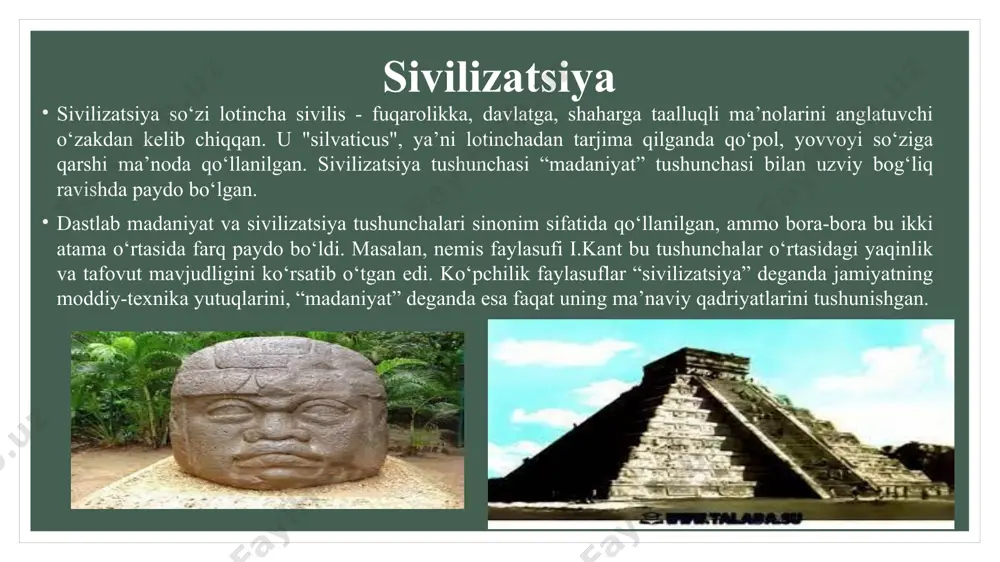 ni ustun qo’yar , har bir milliy madaniyatning betakror va noyobligini inkor etar , madaniyat istiqbolini yagona madaniyatning shakillanishini bilan bog’lar edi. qadimgi va zamonaviy ko’rinishdagi binolar sivilizatsiya “sivilizatsiya”atamasi madaniyat atamasiga nisbatan ancha keyin, ya’ni xviii asr o’rtalarida vujudga kelgan. sivilizatsiya tushunchasini birinchi bo’lib fanga shotland faylasufi a.fergyuseen kiritgan. u insoniyat tarixini yovvoyilik,varvarlik va sivilizatsiya davriga bo’ldi.ular keng manodagi sivilizatsiya deganda aql ,adolat va diniy bag’rikenglik prinsiplariga asoslangan jamiyat taraqqiyotining yuqori bosqichi nazarda tutiladi. madaniyat va sivilizatsiya mohiyatini bilishda ularni bir-biri bilan qiyoslash ,har birining mustaqilligi va o’ziga xos xususiyatlarini ajratish muhim metodologik ahamiyatga molikdir. image2.bmp image3.png image4.png image5.png image6.png image7.png image8.jpeg image9.jpeg image10.png image11.png image12.png image13.png