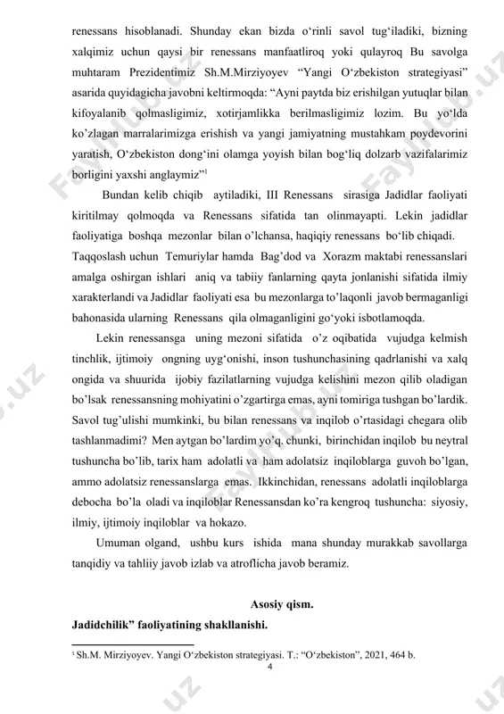 lekin ilmiy jihatdan yetarli asosi yo‘q qarashlar tarafdorlari kiradi. ikkinchi oqim tarafdorlari esa jadidlarning paydo bo’lishida umuman rusiyzabon xalqlarning ta’siri bo’lmaganli balki jadidchilik g’oyalari to’g’ridan to’g’ri qardosh xalqlar va sharqdan qabul qilinganini da’vo qiladilar. birinchi qarash tarafdorlarining fikrlarini bir qadar tahlil qilib chiqsak. ularning da’vosicha rossiya imperiyasining o’rta osiyoning bosib olinishini har holda agar rossiya bosib olmaganida, buyuk britaniya bosib olardi degan qarashlari ularni ovuntirsa, ikkinchidan omondan qo‘shimchasiga agar rossiya bosib olmaganida o‘rta osiya xonliklar davricha xarob holda qolgan bo‘lar edilar. mana shunday holda yuqoridagi ikki variantdan yengilroq variant sifatida rossiya tomonidan o’rta osiyoni bosib olinishini ma’qullaydilar. bizningcha, bu fikrlarni qabul qilish davomida ular o’sha davrdagi rossiyani hozirgi davrdagi rf dek qudratga ega bo’lganligi haqida tasavvurga egaligi majbur qilgan. ikkinchi qarash tarafdorlari esa o’z g’oyalarini quyidagicha asoslaydilar. “bu harakatning vujudga kelishida o’rta va yaqin sharq mamlakatlarida keng quloch yoyib rivojlangan turli oqimlar va turkiyadagi “ittihodiy va taraqqiy”,“yosh turklar” harakatining ta’siri …