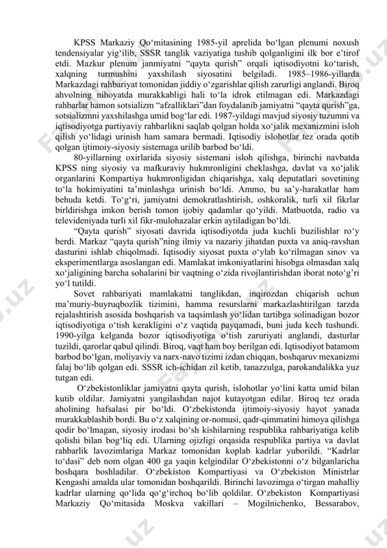 dlik, chayqovchilik, poraxo‘rlik kabi yaramas illatlar jamiyatni kemirmoqda edi. buyruqbozlik – boshqaruv usuli, sansalorlik, qog‘ozbozlik, majlisbozlik iqtisodiyotning o‘z qonunlari va vositalari asosida rivojlanishiga to‘sqinlik qilmoqda edi. odamlar mulkdan begonalashtirilgan, shu tufayli loqayd, sust, beparvo edilar, huquq va qonuniylik puturdan ketgan edi. xo‘jalikni boshqarishda 200 mingtacha turli buyruqlar, qonunsimon hujjatlar hukmron bo‘lib, ular xo‘jalik xodimlarining har bir qadamini nazorat qilib, tashabbuskorlikni bo‘g‘ar edi. oddiy korxonadan tortib tumangacha, viloyatdan tortib respublikagacha, respublikadan markazgacha haqiqiy ahvolni bo‘yab ko‘rsatish, barcha darajadagi rahbarlarni maqtash, ular nomiga hamdu sanolar o‘qish rasm bo‘lib qolgan edi. oqibatda dunyoda eng kuchli ikki davlatdan biri, deb hisoblanib kelingan sssrda inqirozli holat shakllanib еtilgandi. kpss markaziy qo‘mitasining 1985-yil aprelida bo‘lgan plenumi noxush tendensiyalar yig‘ilib, sssr tanglik vaziyatiga tushib qolganligini ilk bor e’tirof etdi. mazkur plenum janmiyatni “qayta qurish” orqali iqtisodiyotni ko‘tarish, xalqning turmushini yaxshilash siyosatini belgiladi. 1985–1986-yillarda markazdagi rahbariyat tomonidan jiddiy o‘zgarishlar qilish zarurligi anglandi. biroq ahvolning nihoyatda murakkabligi hali to‘la …
