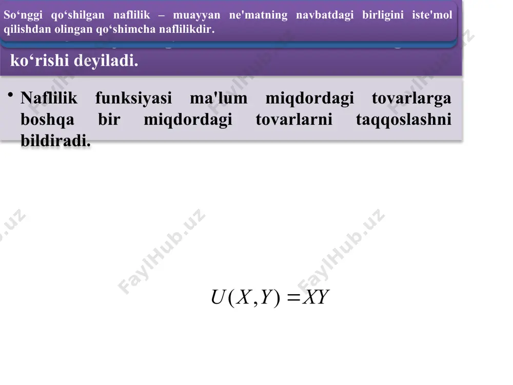 flilik funksiyasi va uni maksimallashtirish qoidasi iste'molchi tovarlarning turli to‘plamini xarid qilishda doimo naflilikni maksimallashtirish qoidasiga amal qiladi. bu qoidaning mazmuni quyidagicha bayon etiladi: iste'molchi o‘zining daromadini shunday sarflashi kerakki, daromad to‘liq sarflangan holatda tovarni xarid qilishdan olingan so‘nggi qo‘shilgan naflilikning tovar narxiga nisbati barcha tovarlar uchun bir xil qiymatga ega bo‘lishi lozim, ya'ni: bu qoida iste'molchining muvozanatli holatini ifodalaydi. bu yеrdа: mu – x vа y tоvаrlаrning so`nggi qo`shilgаn нафлилиги; p – ulаrning nаrхi. 3. befarqlik egri chizig‘i va uning o‘zgarishi befarqlik egri chizig‘i ehtiyojlarni bir xil darajada qondirilishini ta'minlovchi iste'mol to‘plamlari yig‘indisini namoyon etadi. ya’ni, iste’molchi uchun befarqlik egri chizig‘ida joylashgan tovarlar to‘plamini tanlashda farq mavjud bo‘lmaydi. befarqlik egri chizig‘i pasayib boruvchi ko‘rinishda bo’ladi. befarqlik egri chizig’ining pa­sayib borishi shu bilan izohlanadiki, tanlanishi lozim bo’lgan har ikkala tovar ham iste’molchi uchun nafli hisoblanadi. shunga ko‘ra, bir tovarlar to‘plami (masalan, a)dan boshqa bir tovarlar to‘plami (masa­lan, v ga) tomon …