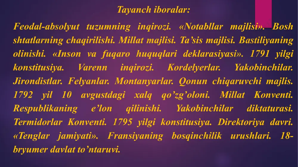 tiyozli tabaqalari – dvoryanlar va ruhoniylardan yordam olishga umid qilgan monarxiya ularning orasidan saylab olingan vakillar – notabllar majlisini chaqirdi. notabllar majlisi qirol tomonidan taklif qilingan islohotlarni tasdiqlashdan bosh tortdi va qirol hokimiyatini cheklashga urinib, bosh shtatlarni chaqirishni talab qildi. 1614 yildan buyon bosh shtatlarning chaqirilmay kelishiga sabab 3-tabaqaning siyosiy talablar bilan chiqishi edi. chorasiz qolgan qirol 1789 yilning bahorida bosh shtatlarni chaqirishni va’da qildi. shahar va qishloqlarda tabaqalarning talablariga mos ravishda deputatlarning nakazlari ishlab chiqila boshlandi. ko’pchilik dehqonlarning nakazlarida siyosiy talablar qo’yilmasada, feodal munosabatlarning jirkanch ko’rinishlari (ahmoqona odatlar) ga barham berish, soliqlarni kamaytirish kabi talablar mavjud edi. savdogarlarning nakazlari esa asosan o’rta asrlardan buyon mavjud bo’lgan sex reglamentlarini bekor qilishni, barcha tabaqalarni bir xilda soliqqa tortilishini va qirol hokimiyatini cheklashni talab qilmoqda edi. xalq orasida bosh shtatlardan qabul qilinishi kutilayotgan «konstitusiya» so’zi ommalashdi. qirol lyudovik xvi (1774-1792) bir qancha yon berishlarga majbur bo’ldi. mamlakatning moliya, sanoat va savdo bo’yicha …