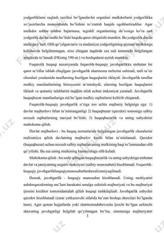 zdor (huquqbuzar) uchun noxush salbiy oqibatlar uning mulkining haqi to’lanmasdan olib qo’yilishi. bu esa uning mulkining kamayishiga olib keladi. muhokama qilish - bu sodir qilingan huquqbuzarlik va uning subyektiga nisbatan davlat va jamiyatning negativ reaksiyasi (salbiy munosabati) hisoblanadi. fuqarolik-huquqiy javobgarlikhuquqiymunosabatlardarealizatsiyaqilinadi. demak, javobgarlik - huquqiy munosabat hisoblanadi. uning mohiyatini aubdorqarzdorning ma’lum harakatni amalga oshirish majburiyati va bu majburiyat ijrosini kreditor tomonidantalab qilish huquqi tashkilqiladi. javobgarlik subyekti qarzdor hisoblanadi (zarar yetkazuvchi sifatida ba’zan boshqa shaxslari bo’lganda ham). agar qonun hujjatlarda yoki shartnomadabevosita ijrochi bo’lgan uchinchi shaxsning javobgarligi belgilab qo’yilmagan bo’lsa, zimmasiga majburiyatni bajarish vazifasi yuklatilgan uchinchi shaxslarning majburiyatini bajarmaganligi yoki lozim darajada bajarilmaganligi uchun qarzdor javob beradi (fk 334-m). m: bosh pudratchi buyurtniachining pudrat shartnomasi ba’yicha o’z majburiyatlarini bajarmaganligi yoki lozimdarajada bajarilganligi (yordamchi pudratchi uchun) uchun uning oldida javobgar hisoblanadi (fk 634-m, 2-q). ushbu holatni transport ekspeditsiyasi shartnomasida. ham ko’rish mumkin. fkning 730-moddasiga ko’ra, agar transport ekspeditsiyasi shartoomasidan ekspeditoraing o’z majbiiriyatlarini shaxsan …