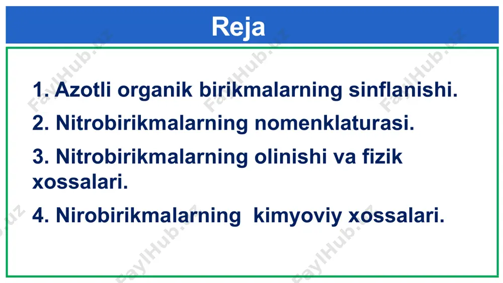 hi nitrobutan 2-nitrobutan ch3-c(ch3)(no2)-ch3 uchlamchi nitrobutan 2-metil-2-nitro-propan i9 presentation to joe smith ‹#› nitrobirikmalarning olinishi olinish usullari. organik moddalarga nitroguruhni kiritish nitrolash deb aytiladi. uni quyidagi usullar bilan amalga oshirish mumkin. to‘yingan uglevodorodlarni nitrolash. buning uchun to‘yingan uglevodorodlarga nitrat kislota ta’sir ettiriladi: ch4 + hono2 = ch3 no2 + h2o metan nitrometan 2. benzolga konsentrlangan nitrat kislota, (konsentrlangan sulfat kislota ishtirokida) nitrobenzol olinadi. fizik xossalari. nitrobirikmalarning quyi molekulyar gomologlari qo‘lansa hidli, rangsiz suyuqlik, efirda eriydi, spirt bilan yaxshi aralashadi. nitrobirikmalarning bug‘lari zaharlidir. i9 presentation to joe smith ‹#› nitrobirikmalarning kimyoviy xossalari kimyoviy xossalari. nitrobirikmalarning kimyoviy xossalari turlicha bo‘lib, asosan, ularning molekulasidagi nitroguruhga bog‘liqdir. 1. nitrobirikmalar qaytarilganda birlamchi aminlar hosil bo‘ladi. 2. aromatik aminlar, mos ravishdagi aromatik nitrobirikmalarni qaytarish yo‘li bilan olinadi.nitrobirikmalarni qaytarish bilan aromatik aminlarni olish usulini birinchi bo’lib, 1842-yilda rus olimi n.n.zinin kashf etdi. i9 presentation to joe smith ‹#› nitrobirikmalarning kimyoviy xossalari i9 presentation to joe smith ‹#› …