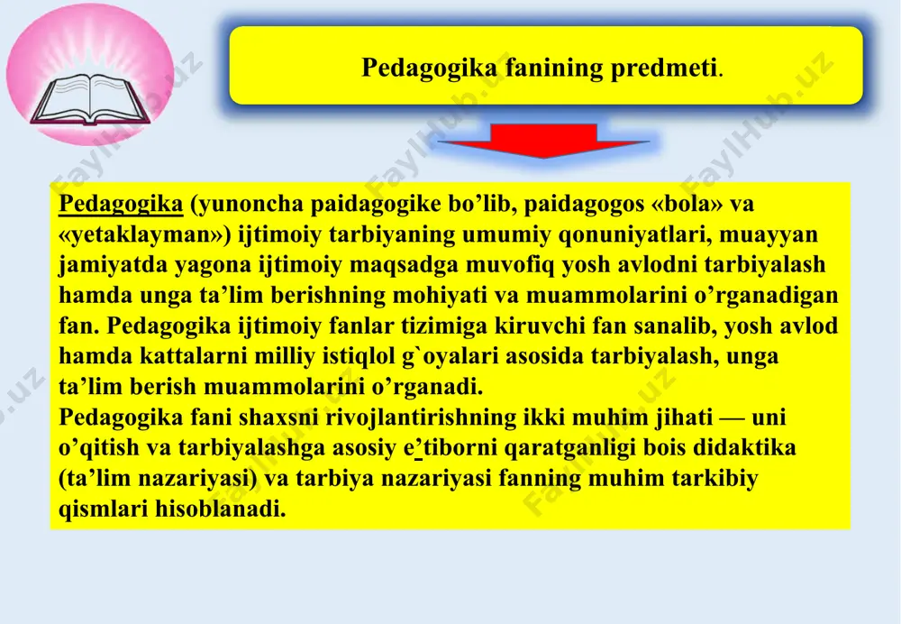 tarbiya birligi hamda ijtimoiy tarbiya yo’nalishlari o’rtasidagi o’zaro aloqadorlikni ta`minlashning pedagogik shart-sharoitlarini o’rganish. 8. o’qitish hamda tarbiyalash jarayonining samarali texnologiyalarini yaratish. 9. oila tarbiyasini muvaffaqiyatli tashkil etish yuzasidan ota-onalar uchun ilmiy-metodik tavsiyalarni ishlab chiqish. masalan, pedagogika — tarbiya haqidagi fan; pedagogika — o'sib kelayotgan yosh avlodni tarbiyalash haqidagi fan; pedagogika — umuman insonni tarbiyalash haqidagi fan va hokazo. 2. pedagogikaning paydo bo’lishi va rivojlanishi. pedagogika nima? u nima bilan shug'ullanadi? nimalarni tadqiq qiladi, degan savollar pedagogika fanini o'rganishga kirishgan odamning aqlini band etadi. pedagogikaga oid darsliklarda, qomuslarda pedagogikaning bahs tushunchasi turlicha, ayrim hollarda bir-biridan farqlanadigan darajada talqin qilinadi. bu ta'riflardan voz kechmagan holda ta'lim-tarbiya muassasalarida shunga mutasaddi shaxslar tomonidan amalga oshiriladigan tarbiyaviy faoliyatni pedagogikaning bahsi deb qabul qilish maqsadga muvofiqdir. pedagogika tarbiya haqidagi fan sifatida tarbiyaning mohiyatini tushunishni, lining qonuniyatlarini ochib berishni va shu orqali inson manfaatlari uchun tarbiya jarayoniga ta'sir etishni nazarda tutadi. tarbiya kishilik jamiyati ibtidosida paydo bo'lgan …